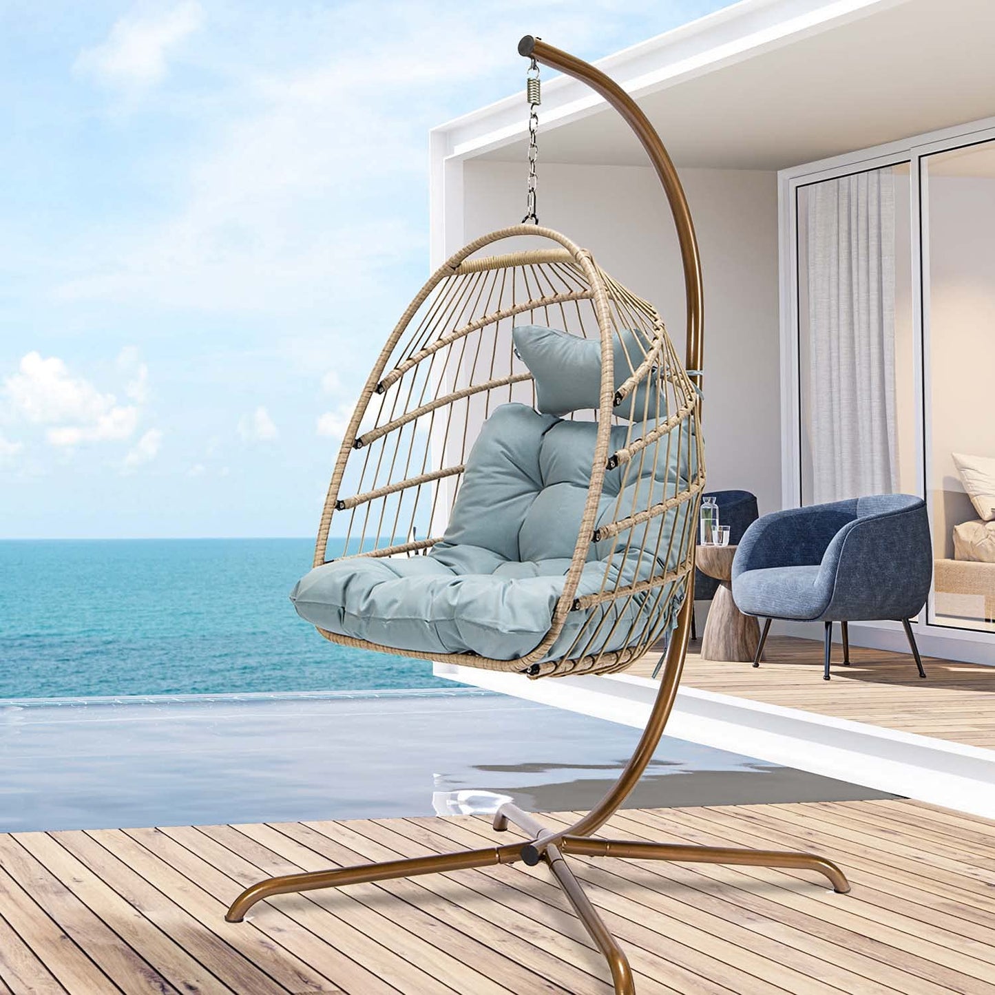 RADIATA Foldable PE Wicker Hanging Egg Chair With Stand Swing Chair With Cushion and Pillow Capacity 350lbs