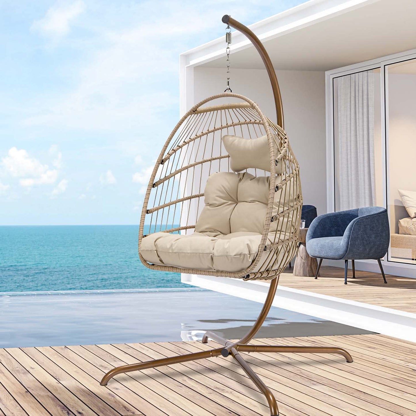 RADIATA Foldable PE Wicker Hanging Egg Chair With Stand Swing Chair With Cushion and Pillow Capacity 350lbs