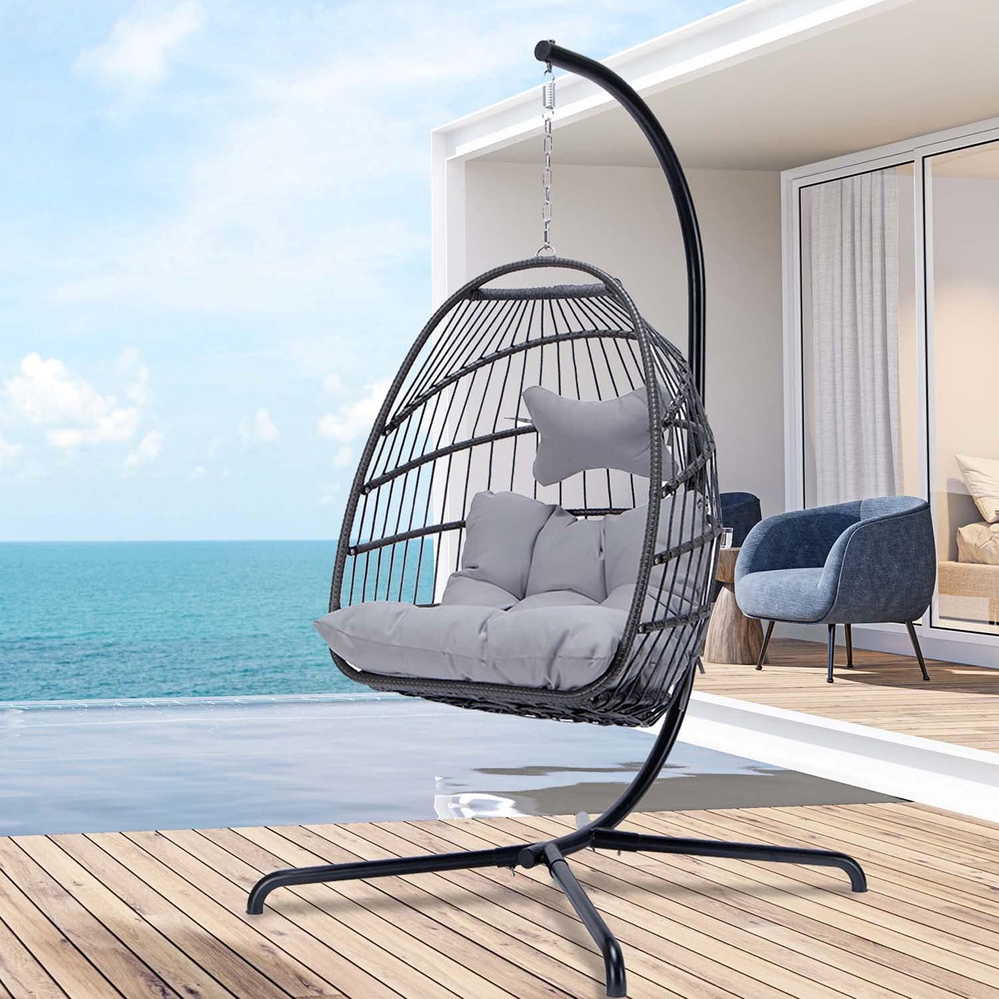 RADIATA Foldable PE Wicker Hanging Egg Chair With Stand Swing Chair With Cushion and Pillow Capacity 350lbs