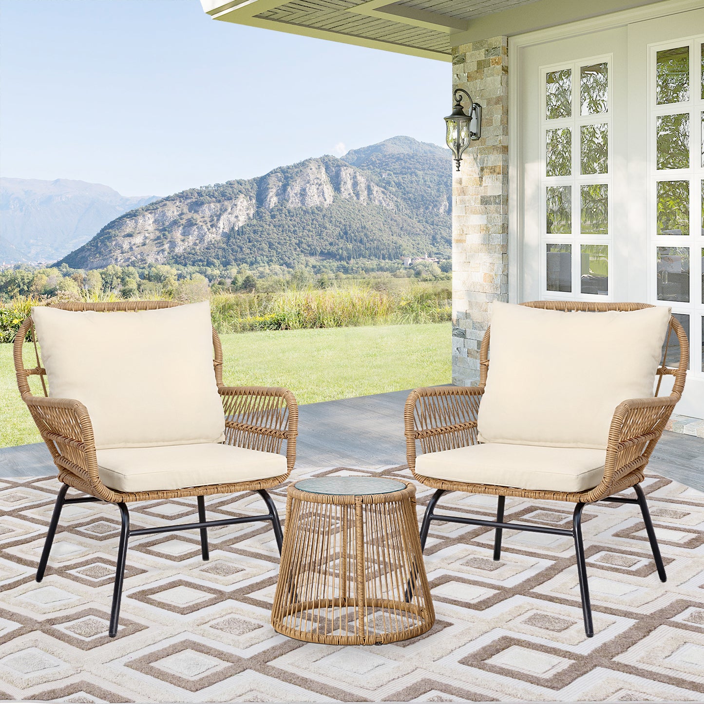 FINCATI Outdoor BOHO Natural Wicker Patio Furniture Set with Beige Cushions