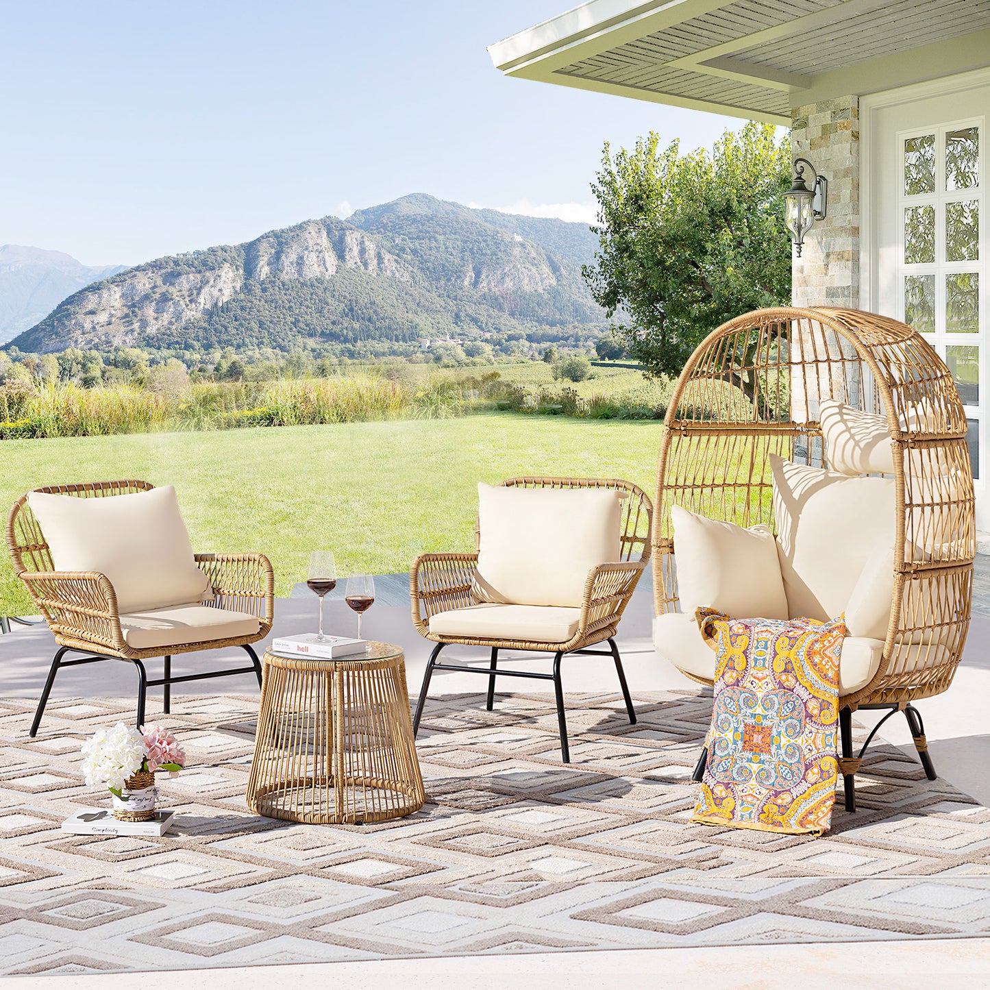 FINCATI Outdoor BOHO Natural Wicker Patio Furniture Set with Beige Cushions