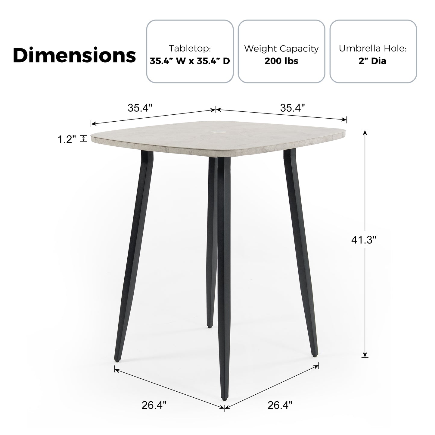 RADIATA Aluminum Bar Height Patio Table, Scratch-Resistant Marble-Look Tabletop with Umbrella Hole, High Top Outdoor Table (200 lb Capacity)
