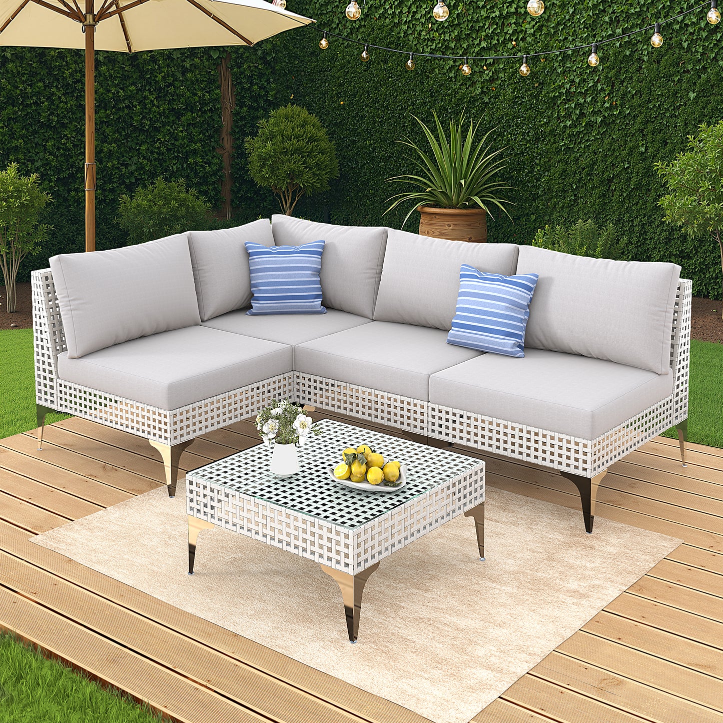 Radiata Modular Patio Furniture Set with Fire Pit Table, Outdoor Sectional High Back Wicker Couch Set, Grey Cushions