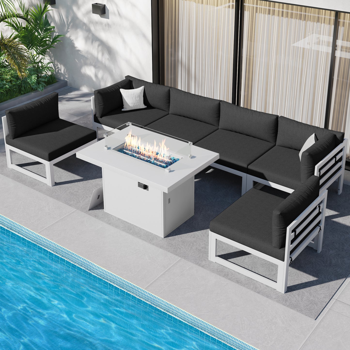 RADIATA 7 Pieces Aluminum Outdoor Patio Sectional Furniture Sofa Set with Fire Pit Table Large Size Luxury Comfortable Durable Water/UV-Resistant Garden Porch Backyard Party