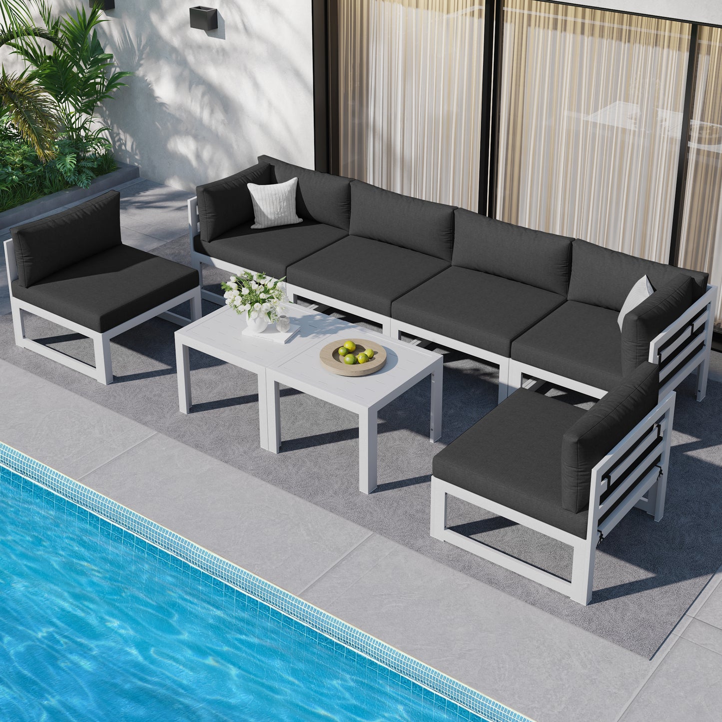 RADIATA 7 Pieces Aluminum Outdoor Patio Sectional Furniture Sofa Set with Fire Pit Table Large Size Luxury Comfortable Durable Water/UV-Resistant Garden Porch Backyard Party
