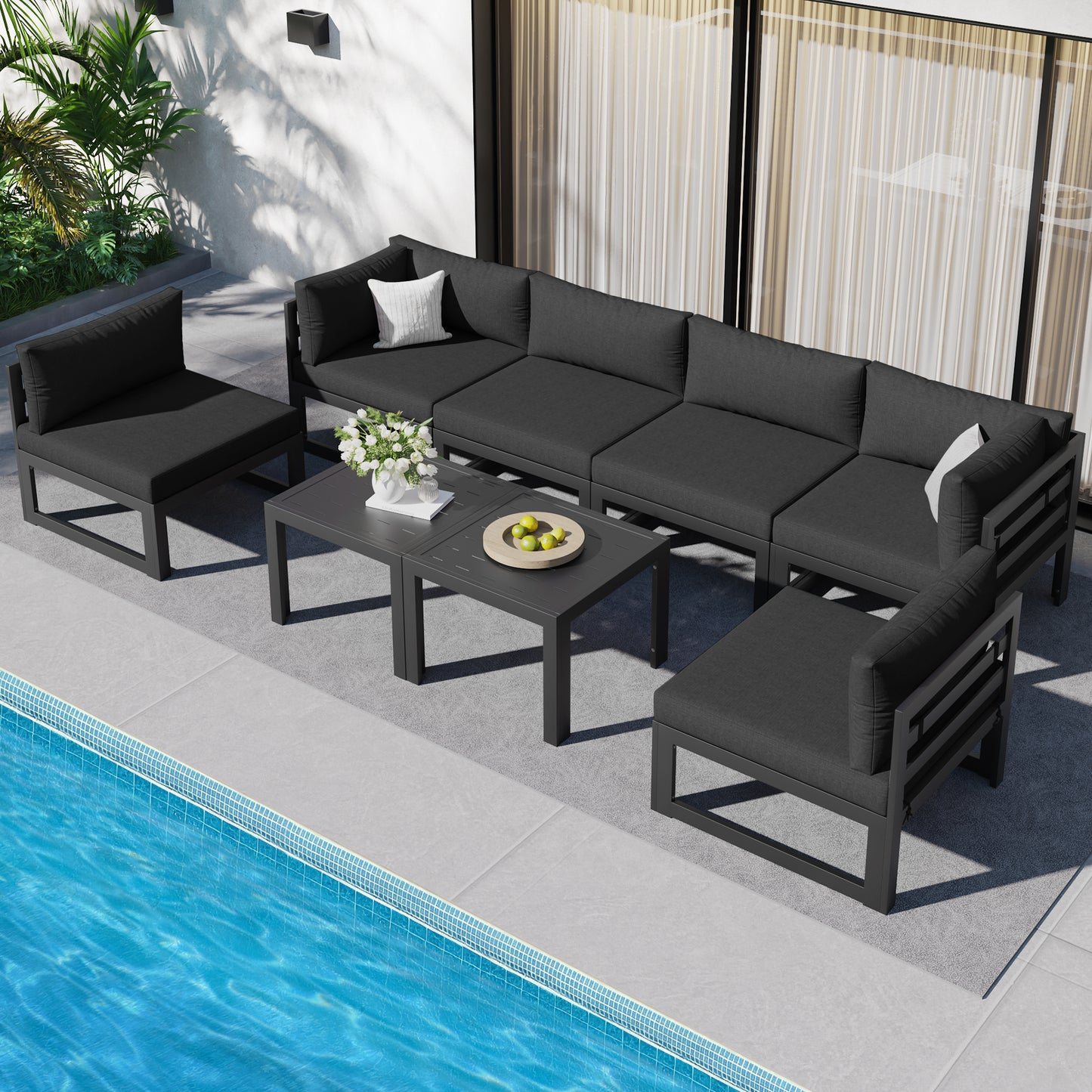 RADIATA 7 Pieces Aluminum Outdoor Patio Sectional Furniture Sofa Set with Fire Pit Table Large Size Luxury Comfortable Durable Water/UV-Resistant Garden Porch Backyard Party