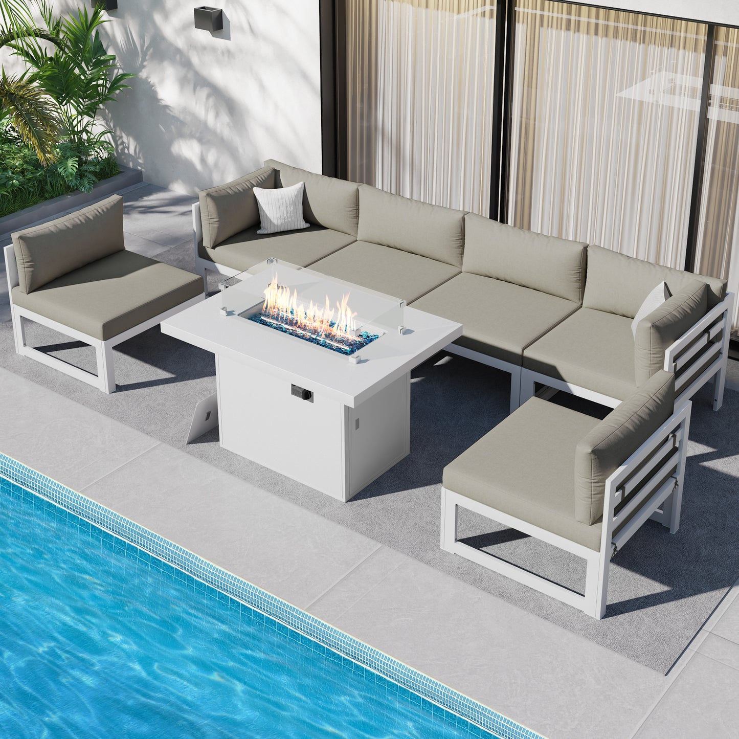 RADIATA 7 Pieces Aluminum Outdoor Patio Sectional Furniture Sofa Set with Fire Pit Table Large Size Luxury Comfortable Durable Water/UV-Resistant Garden Porch Backyard Party