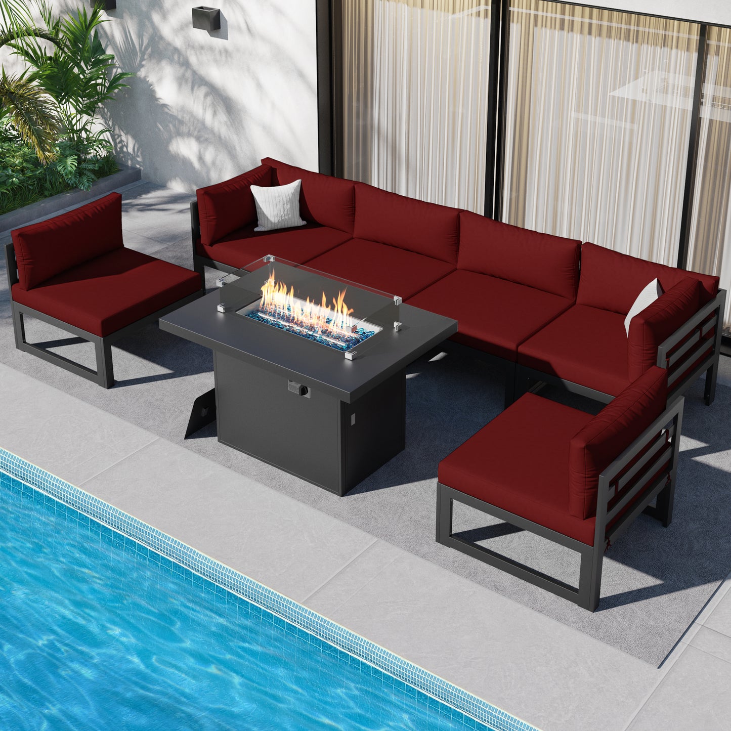 RADIATA 7 Pieces Aluminum Outdoor Patio Sectional Furniture Sofa Set with Fire Pit Table Large Size Luxury Comfortable Durable Water/UV-Resistant Garden Porch Backyard Party