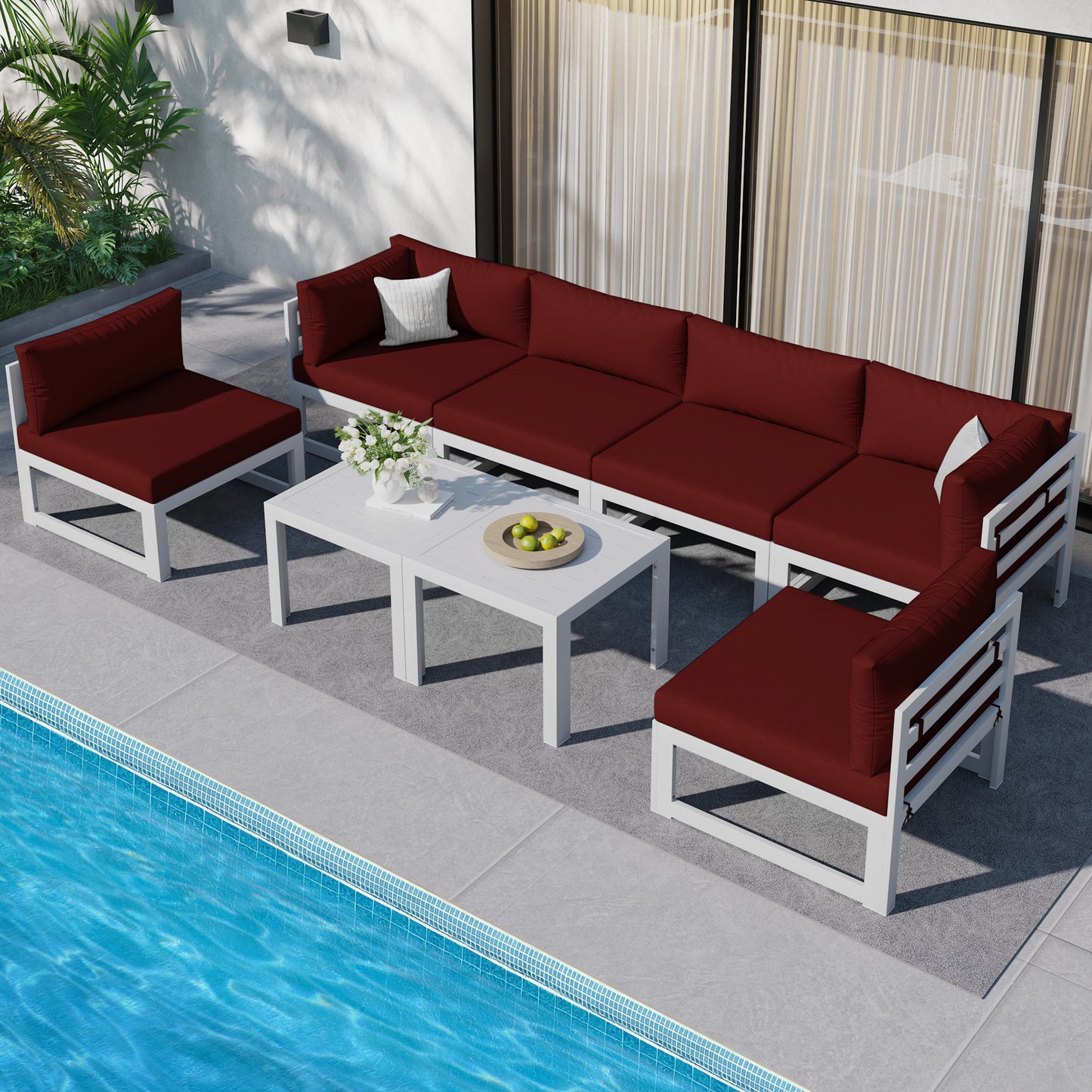 RADIATA 7 Pieces Aluminum Outdoor Patio Sectional Furniture Sofa Set with Fire Pit Table Large Size Luxury Comfortable Durable Water/UV-Resistant Garden Porch Backyard Party