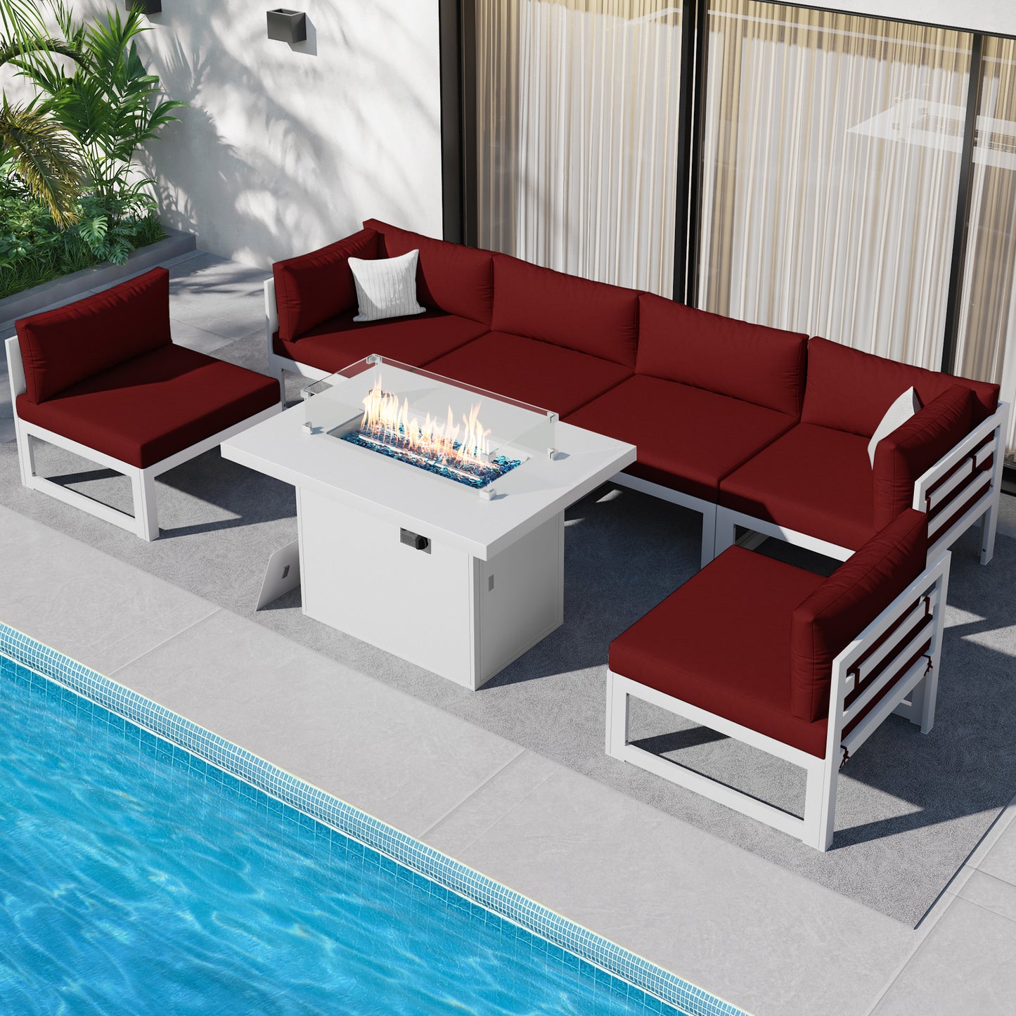 RADIATA 7 Pieces Aluminum Outdoor Patio Sectional Furniture Sofa Set with Fire Pit Table Large Size Luxury Comfortable Durable Water/UV-Resistant Garden Porch Backyard Party