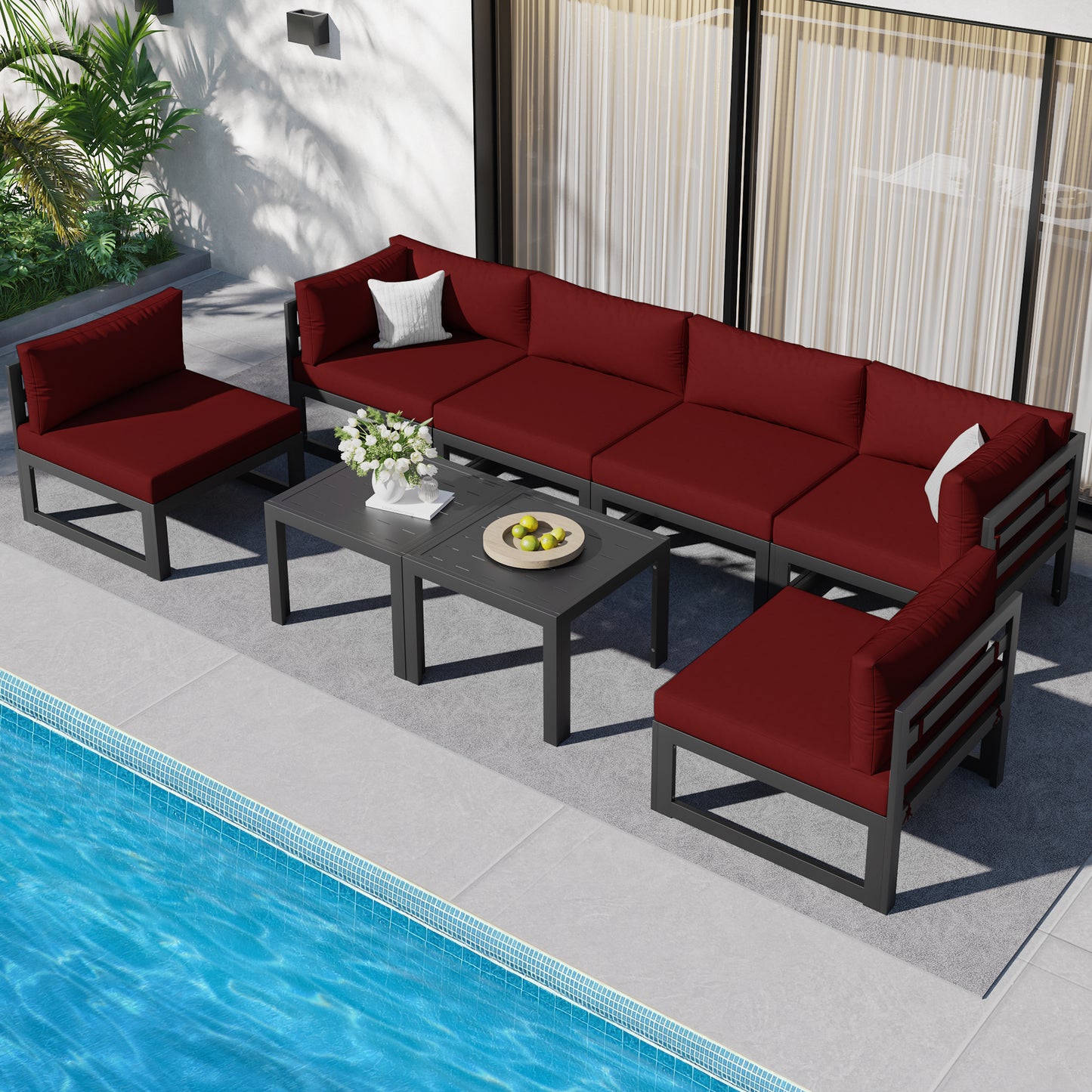 RADIATA 7 Pieces Aluminum Outdoor Patio Sectional Furniture Sofa Set with Fire Pit Table Large Size Luxury Comfortable Durable Water/UV-Resistant Garden Porch Backyard Party