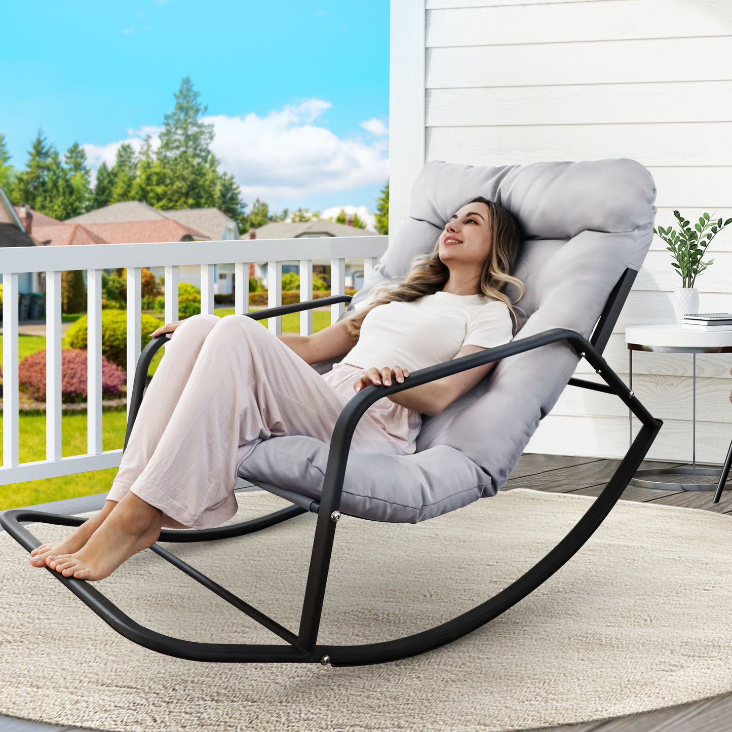RADIATA Beige Oversized Indoor Outdoor Rocking Papasan Lounge Reclining Chair with Footrest 1 PC