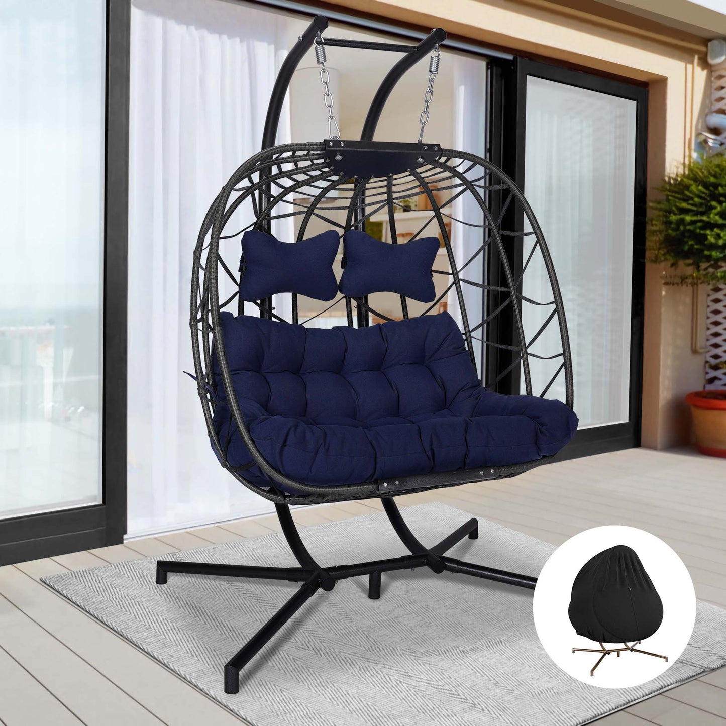 FINCATI® Wicker Double Egg Chair with Cushions for 2 Person Outdoor, Maximum Weight 700 lbs