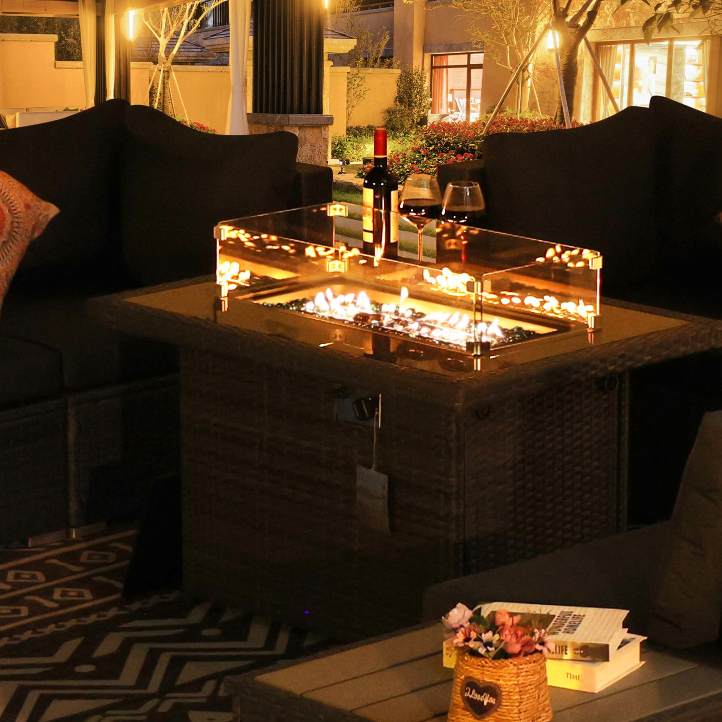 RADIATA Outdoor 43'' Rectangular Gray Wicker Propane Fire Pit Table 55,000 BTU Output Safe Certified