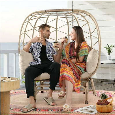 FINCATI Double Wicker Rocking Egg Chair Indoor Outdoor Oversized Egg Basket Lounge Chair for 2 Persons with Legs, Patio Egg Chair with Thick Cushions 500lbs Egg Shaped Loveseat Bedroom