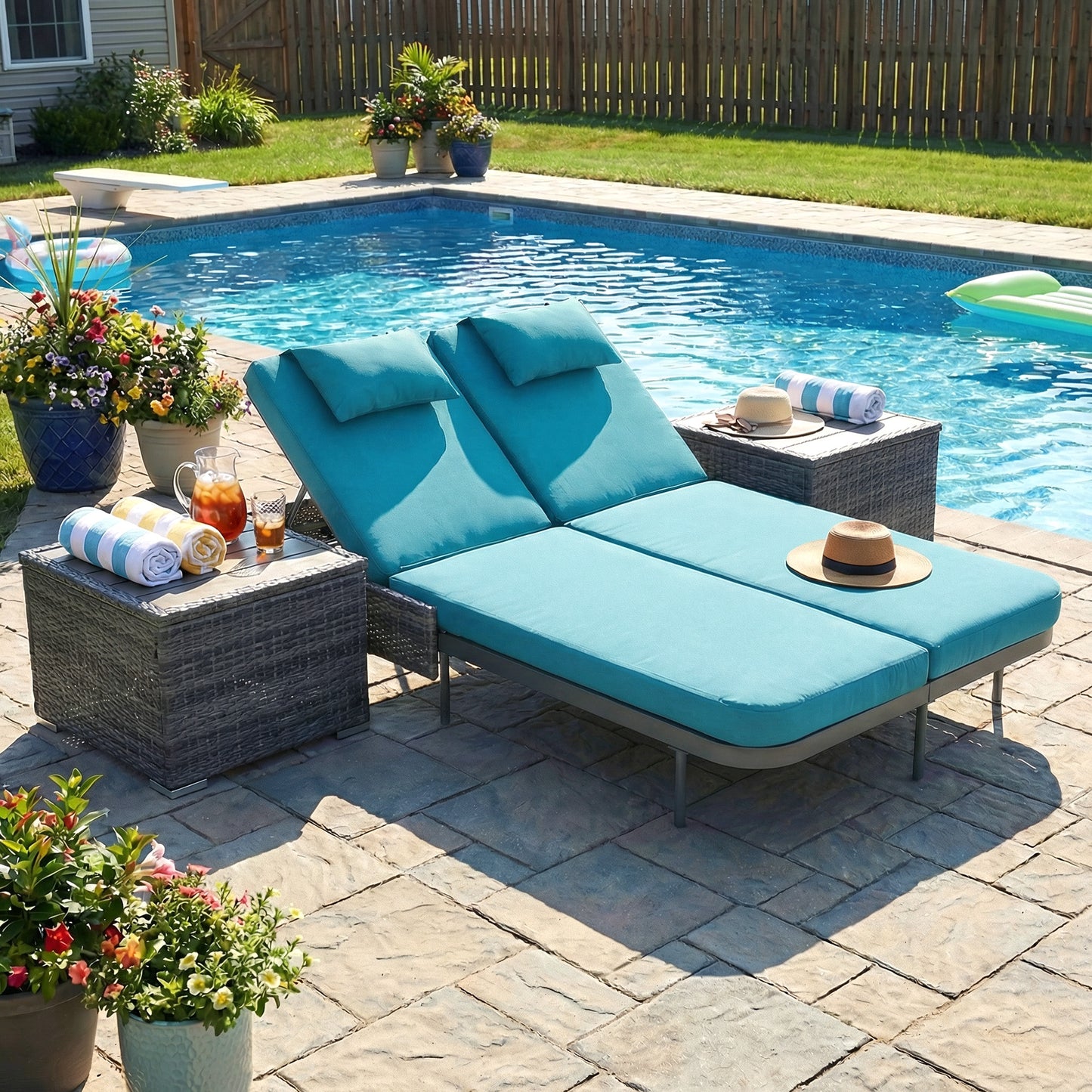 RADIATA 51.2" 2-Person Outdoor Double Chaise Lounge Outdoor Daybed With Independent 5-Position Backrests, 4.1" Cushions, 800 lb Capacity, Patio Chaise Lounge Chair,Dark Gray