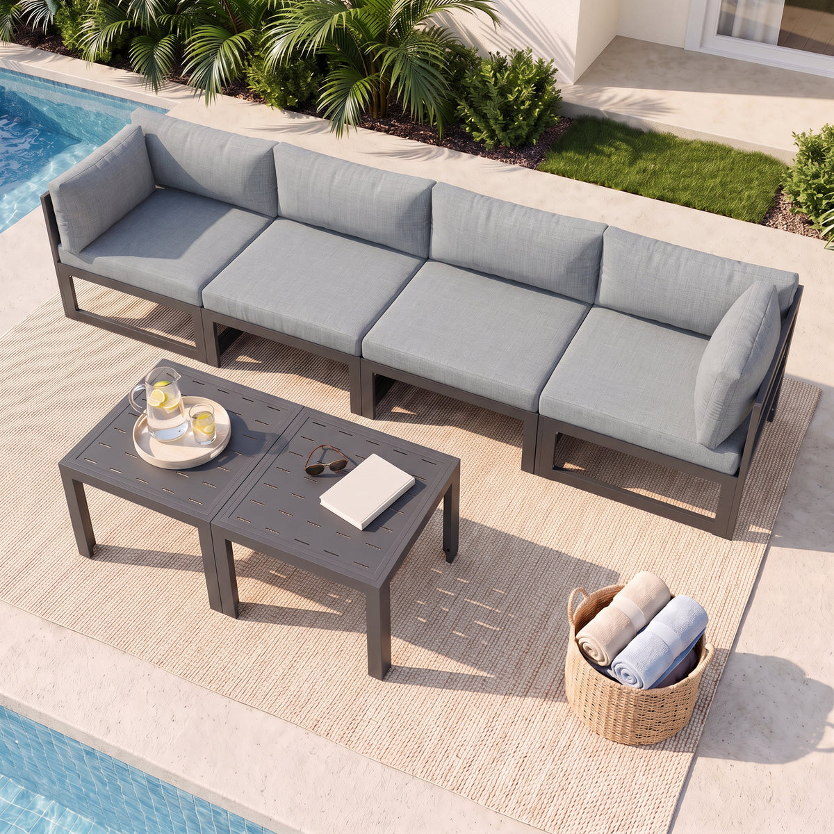 RADIATA 6pcs Outdoor Aluminum Furniture Set with 29" Seats, Oversized Modular Conversation Set Sectional Sofa, 500 lb Capacity,4" Cushions, 2 Corner&2 Armless Chairs&2 Tables