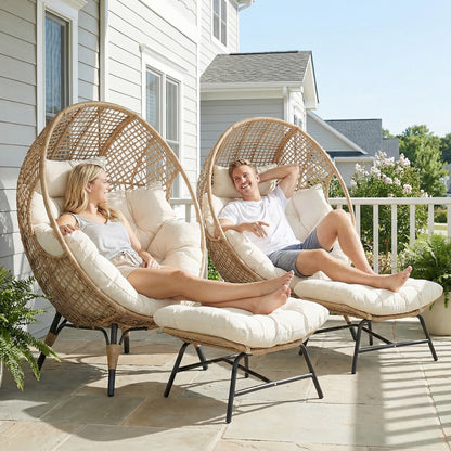 RADIATA  2 PCS Beige Oversized Wicker Egg Chair with Legs and Ottoman Outdoor Indoor Large Egg Basket Lounge Chair with Footstool for Bedroom Patio Balcony Front Porch Garden