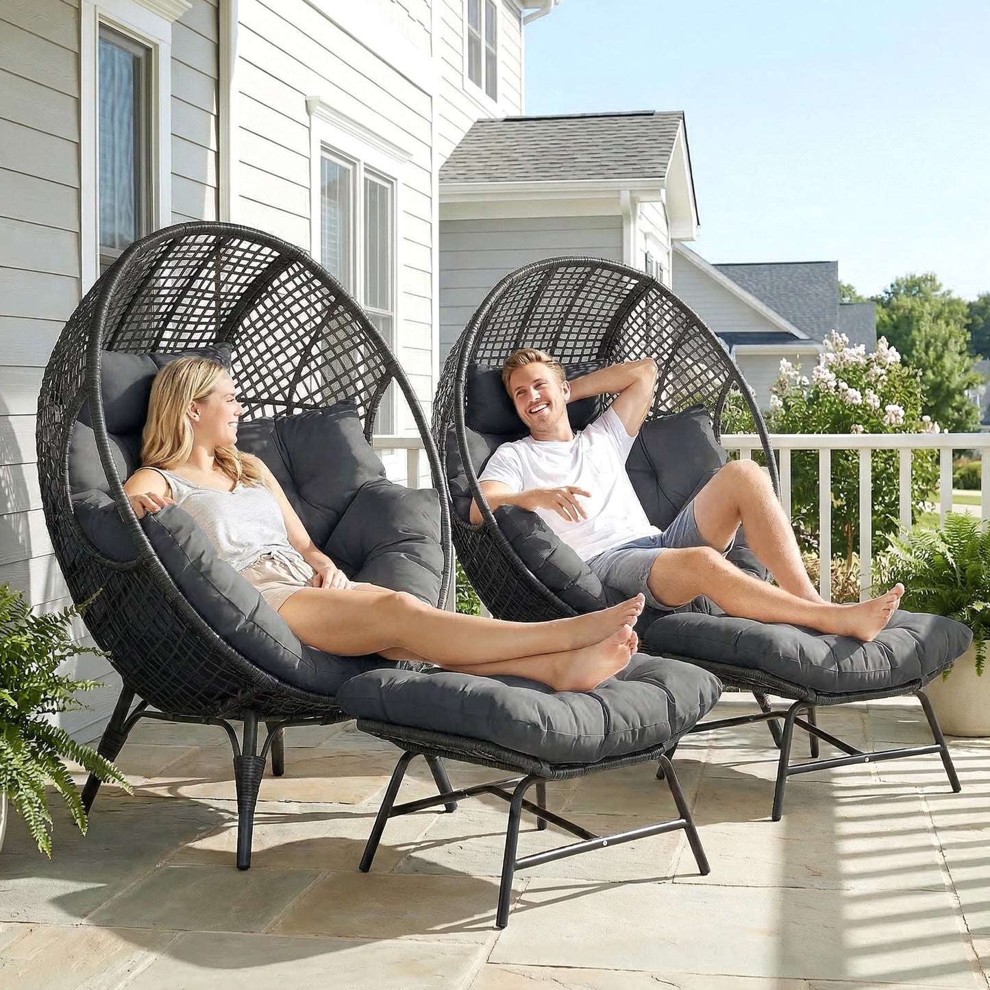 RADIATA  2 PCS Beige Oversized Wicker Egg Chair with Legs and Ottoman Outdoor Indoor Large Egg Basket Lounge Chair with Footstool for Bedroom Patio Balcony Front Porch Garden