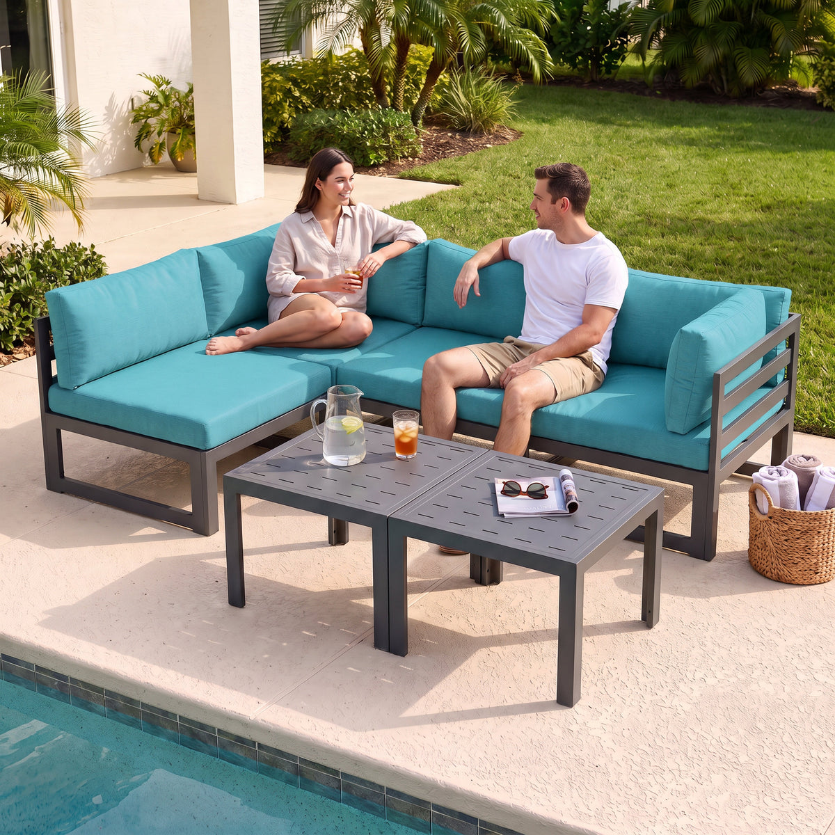 RADIATA 6pcs Outdoor Aluminum Furniture Set with 29" Seats, Oversized Modular Conversation Set Sectional Sofa, 500 lb Capacity,4" Cushions, 2 Corner&2 Armless Chairs&2 Tables