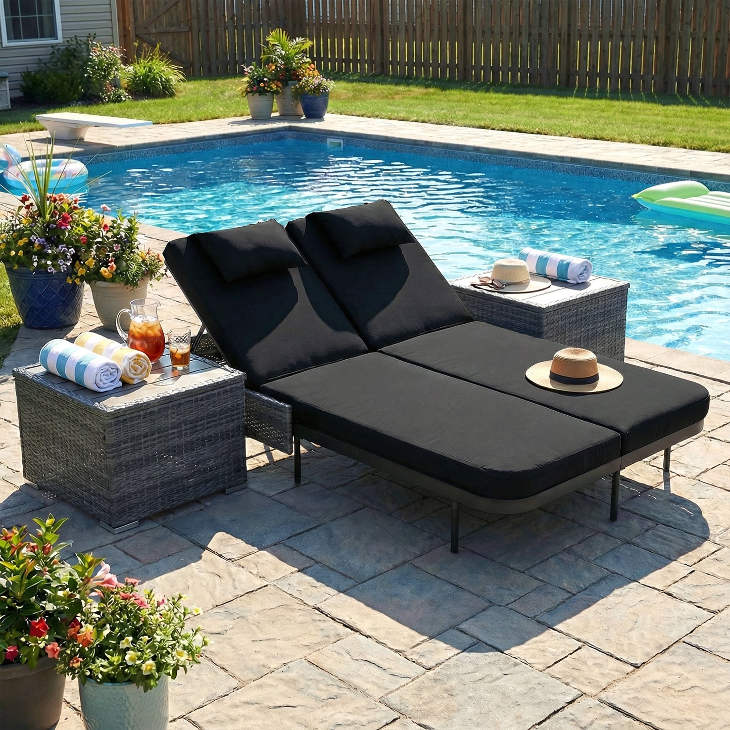 RADIATA 51.2" 2-Person Outdoor Double Chaise Lounge Outdoor Daybed With Independent 5-Position Backrests, 4.1" Cushions, 800 lb Capacity, Patio Chaise Lounge Chair,Dark Gray