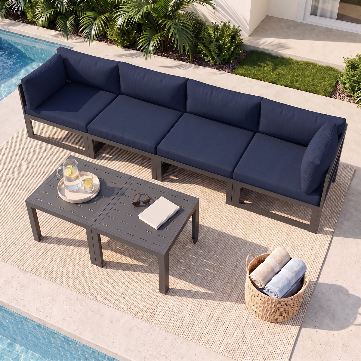 RADIATA 6pcs Outdoor Aluminum Furniture Set with 29" Seats, Oversized Modular Conversation Set Sectional Sofa, 500 lb Capacity,4" Cushions, 2 Corner&2 Armless Chairs&2 Tables