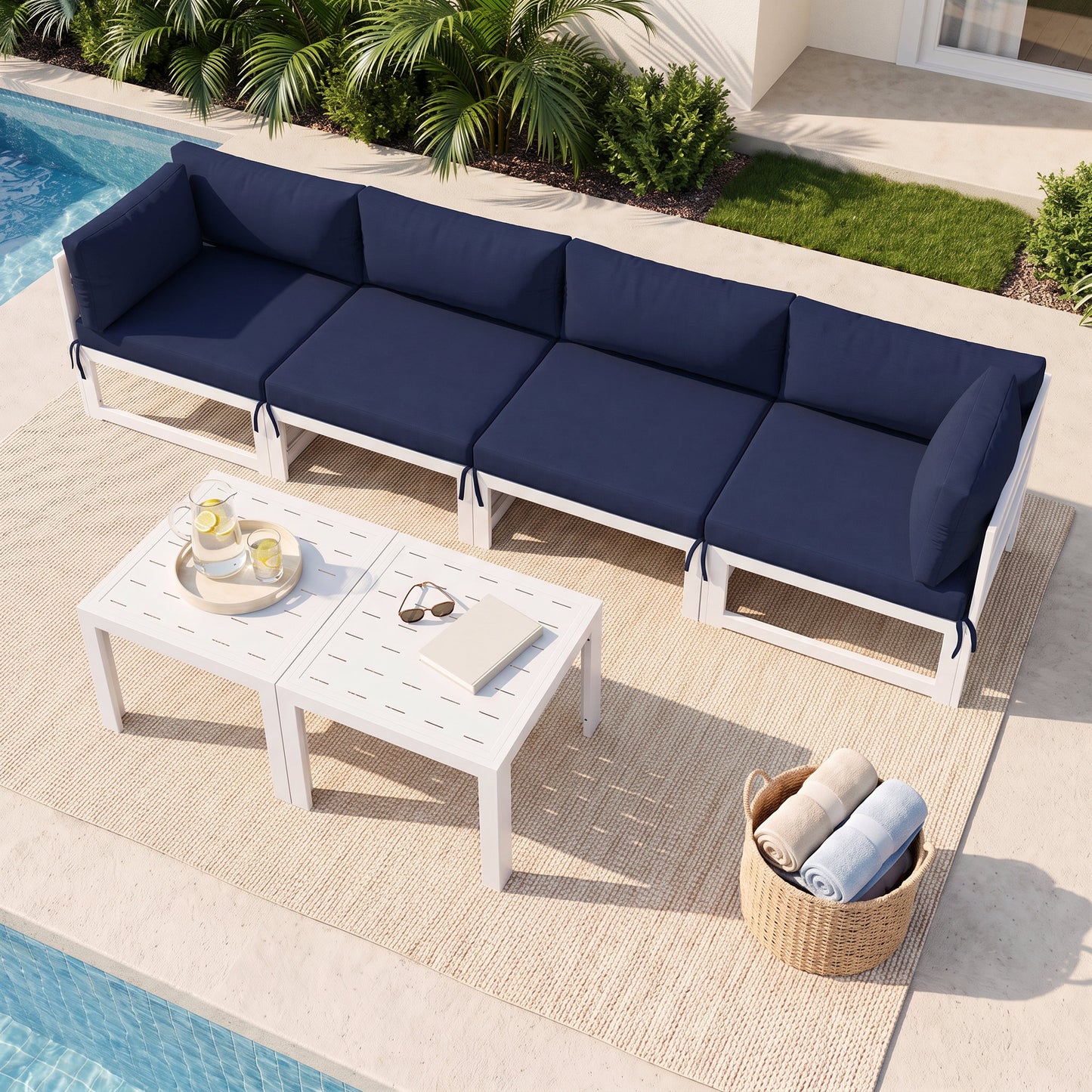 RADIATA 6pcs Outdoor Aluminum Furniture Set with 29" Seats, Oversized Modular Conversation Set Sectional Sofa, 500 lb Capacity,4" Cushions, 2 Corner&2 Armless Chairs&2 Tables