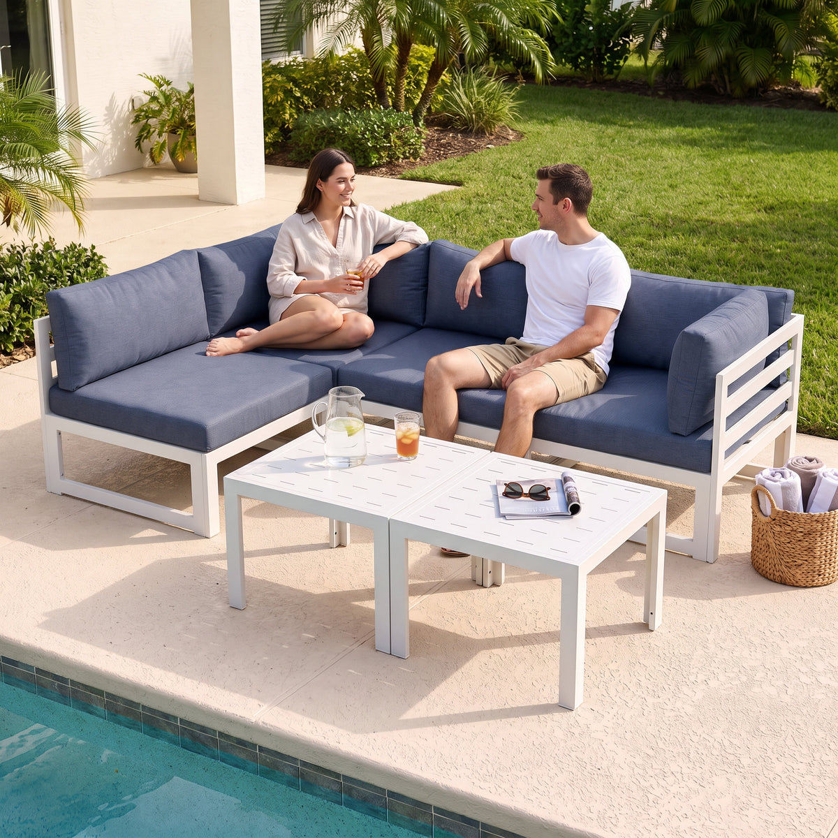 RADIATA 6pcs Outdoor Aluminum Furniture Set with 29" Seats, Oversized Modular Conversation Set Sectional Sofa, 500 lb Capacity,4" Cushions, 2 Corner&2 Armless Chairs&2 Tables