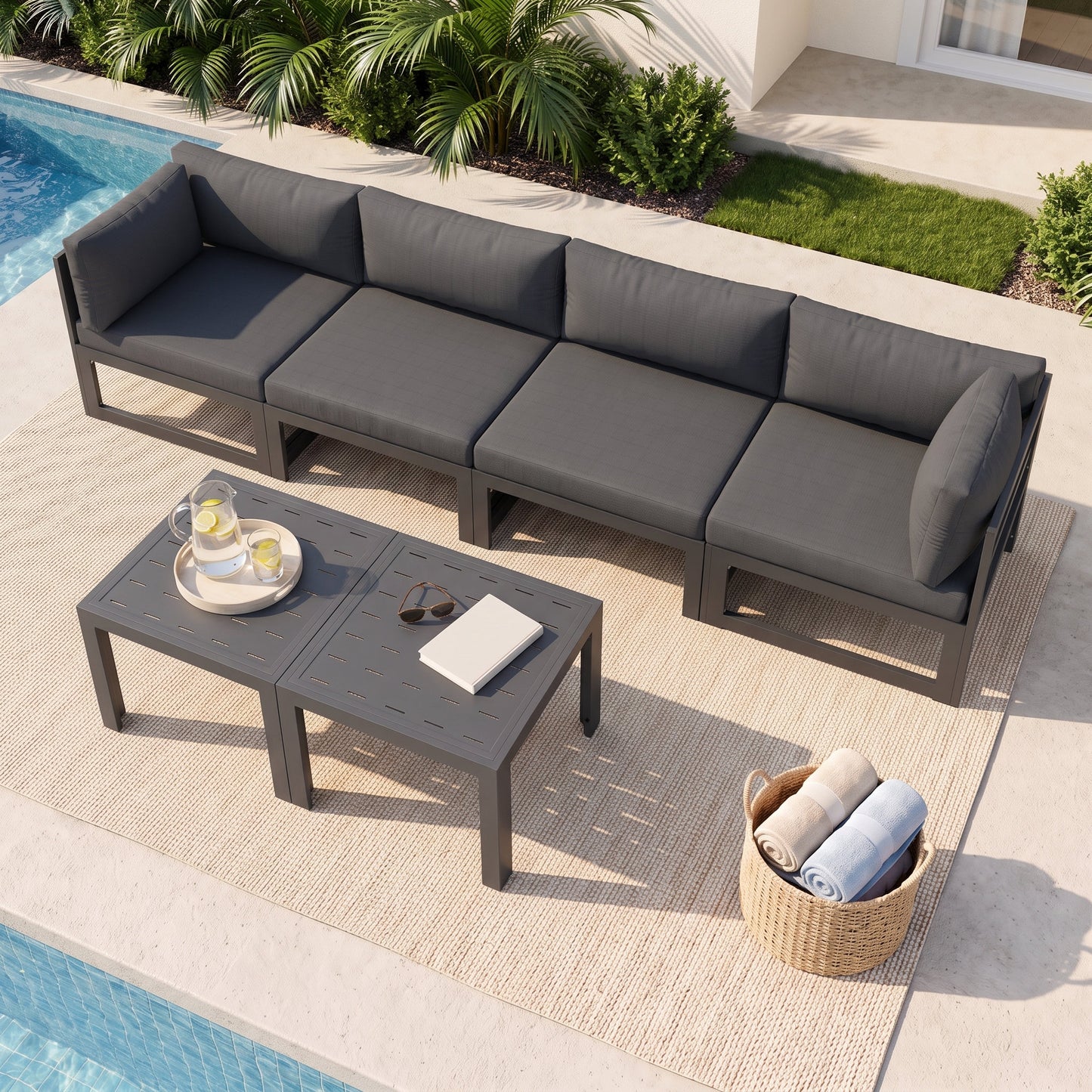 RADIATA 6pcs Outdoor Aluminum Furniture Set with 29" Seats, Oversized Modular Conversation Set Sectional Sofa, 500 lb Capacity,4" Cushions, 2 Corner&2 Armless Chairs&2 Tables