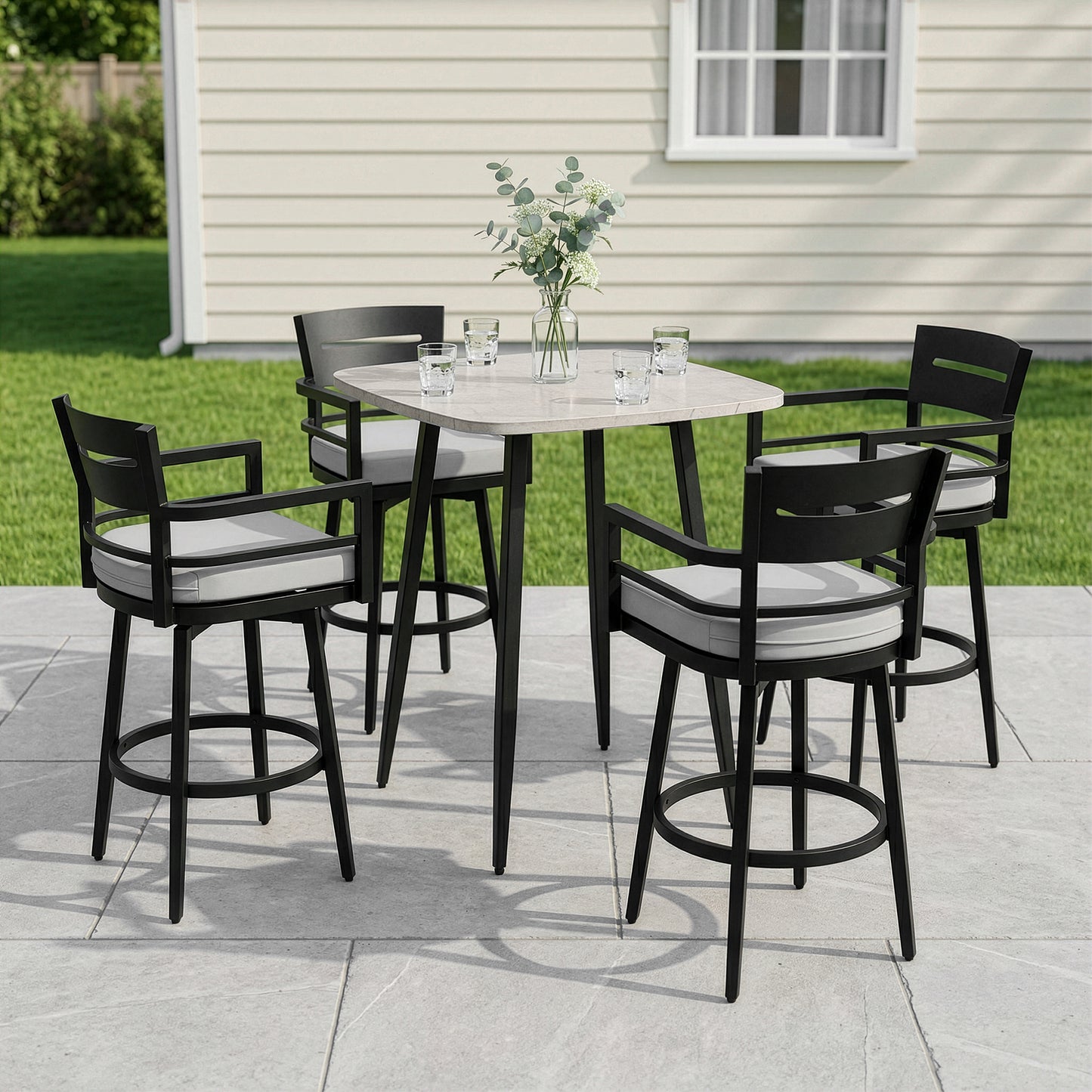 RADIATA Aluminum Bar Height Patio Table, Scratch-Resistant Marble-Look Tabletop with Umbrella Hole, High Top Outdoor Table (200 lb Capacity)