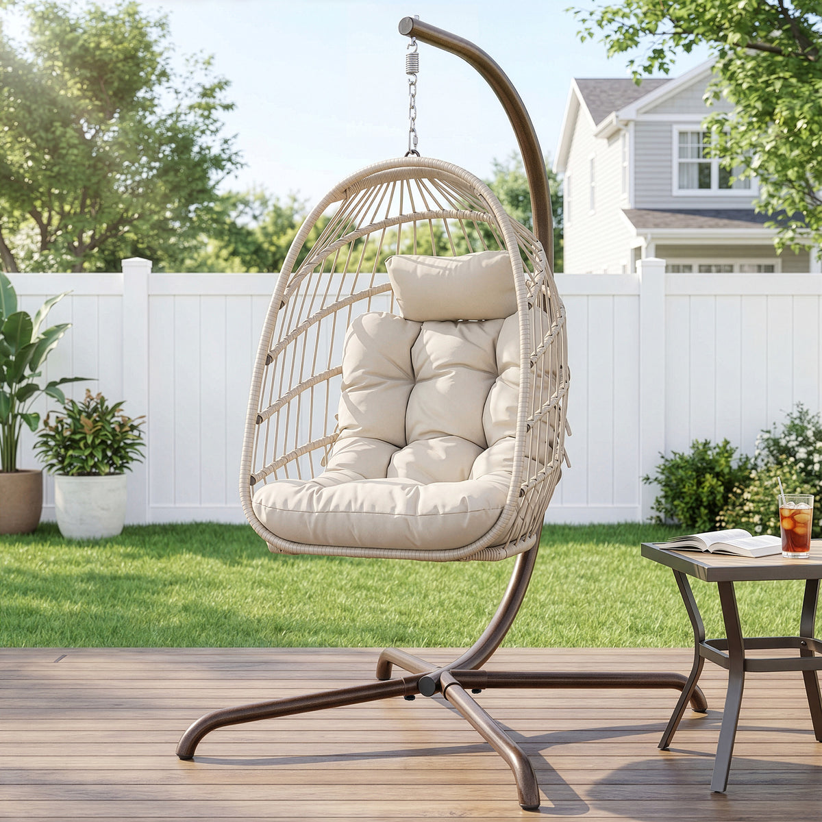 RADIATA Foldable PE Wicker Hanging Egg Chair With Stand Swing Chair With Cushion and Pillow Capacity 350lbs