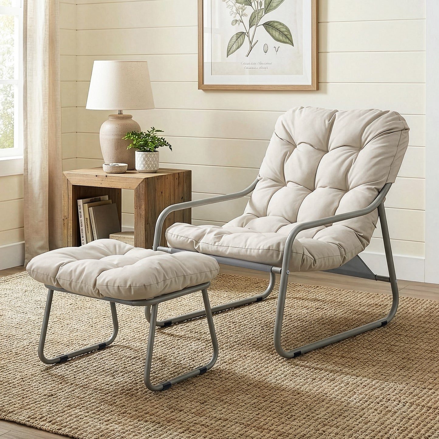 RADIATA Patio Lounge Set: Padded Chair and Ottoman, Tufted Cushion, Metal Frame, Beige