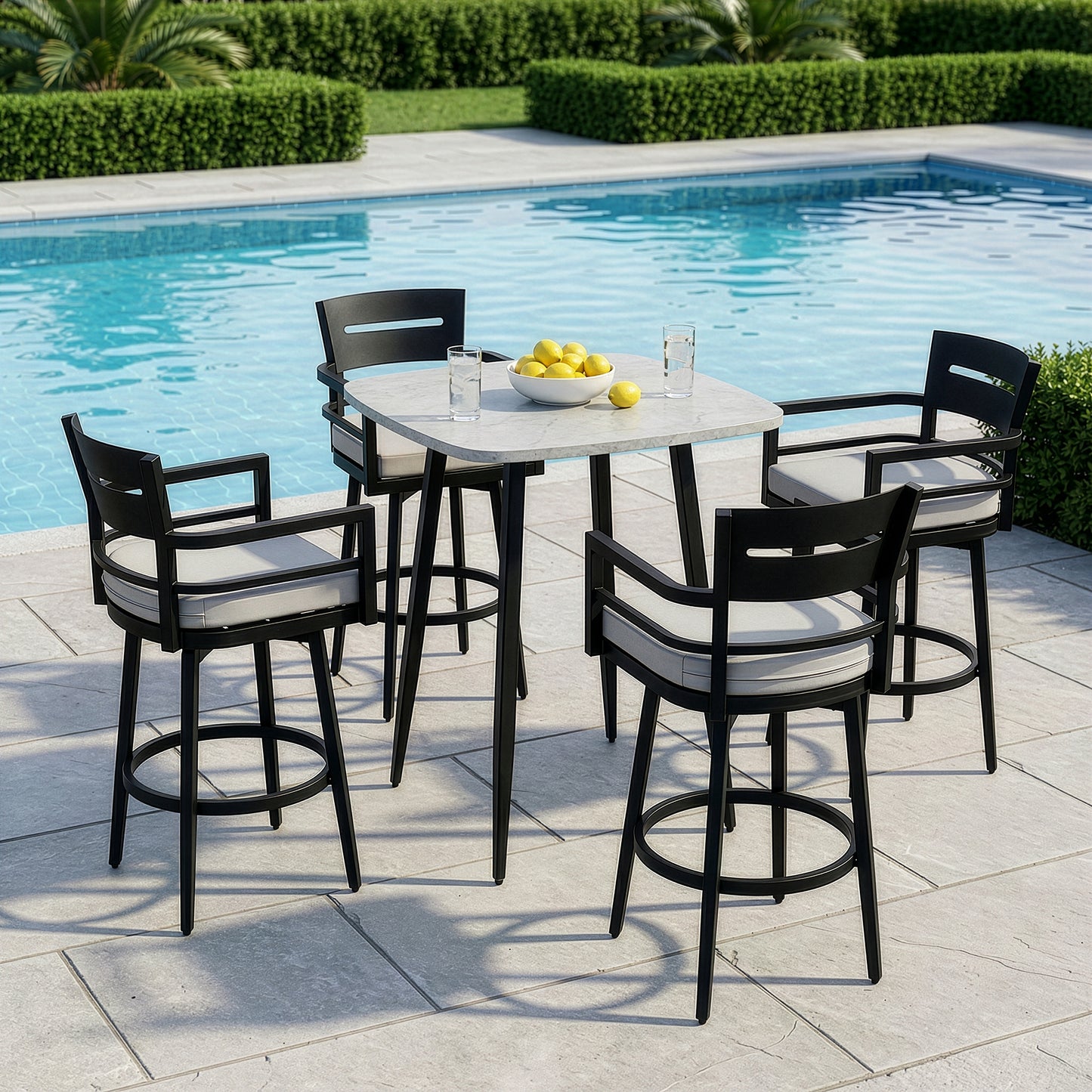 RADIATA Aluminum Bar Height Patio Table, Scratch-Resistant Marble-Look Tabletop with Umbrella Hole, High Top Outdoor Table (200 lb Capacity)