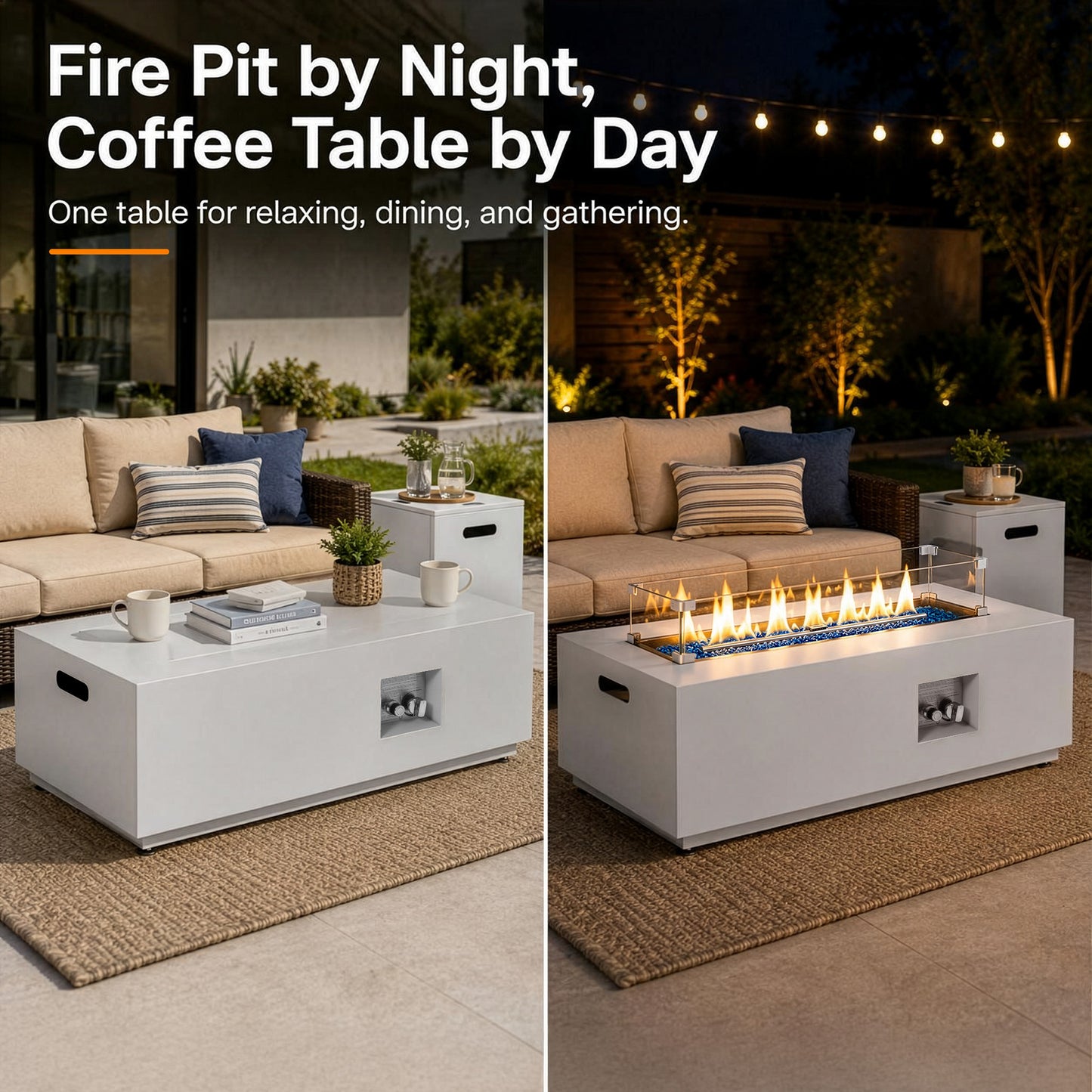 RADIATA 42" Rectangular Fire Pit Table with Tank Table, 50000BTU Patio Fire Pit Table with Rain Cover, Outdoor Natural Gas/Propane Firepit Table
