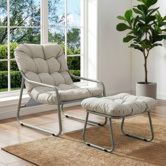 RADIATA Patio Lounge Set: Padded Chair and Ottoman, Tufted Cushion, Metal Frame, Beige