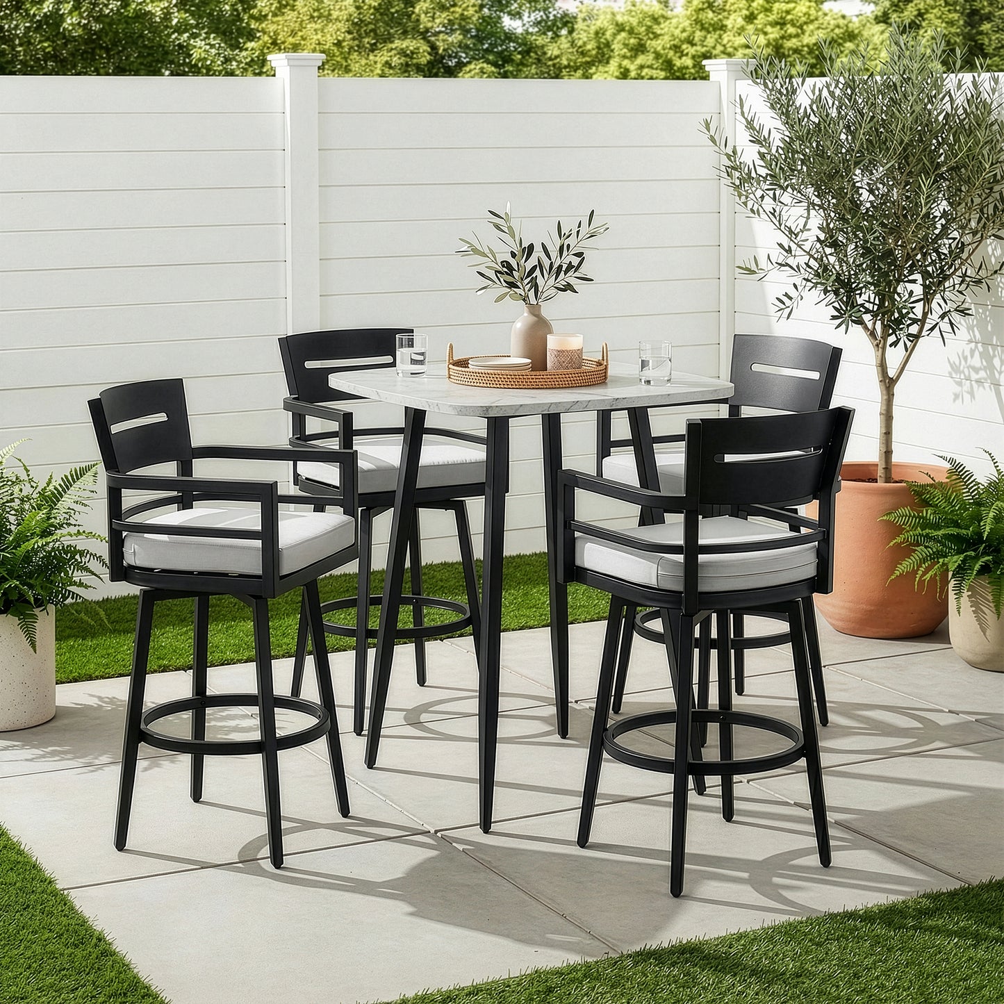 RADIATA Aluminum Bar Height Patio Table, Scratch-Resistant Marble-Look Tabletop with Umbrella Hole, High Top Outdoor Table (200 lb Capacity)