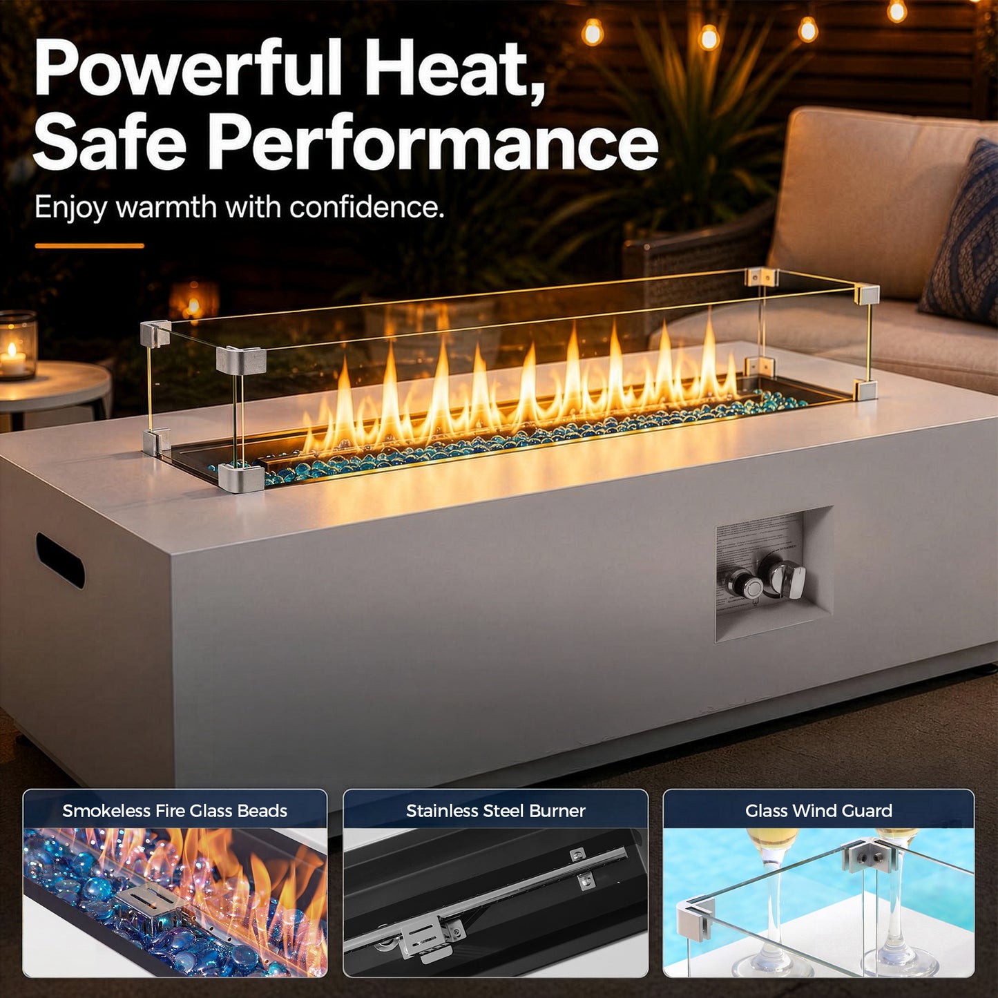 RADIATA 42" Rectangular Fire Pit Table with Tank Table, 50000BTU Patio Fire Pit Table with Rain Cover, Outdoor Natural Gas/Propane Firepit Table
