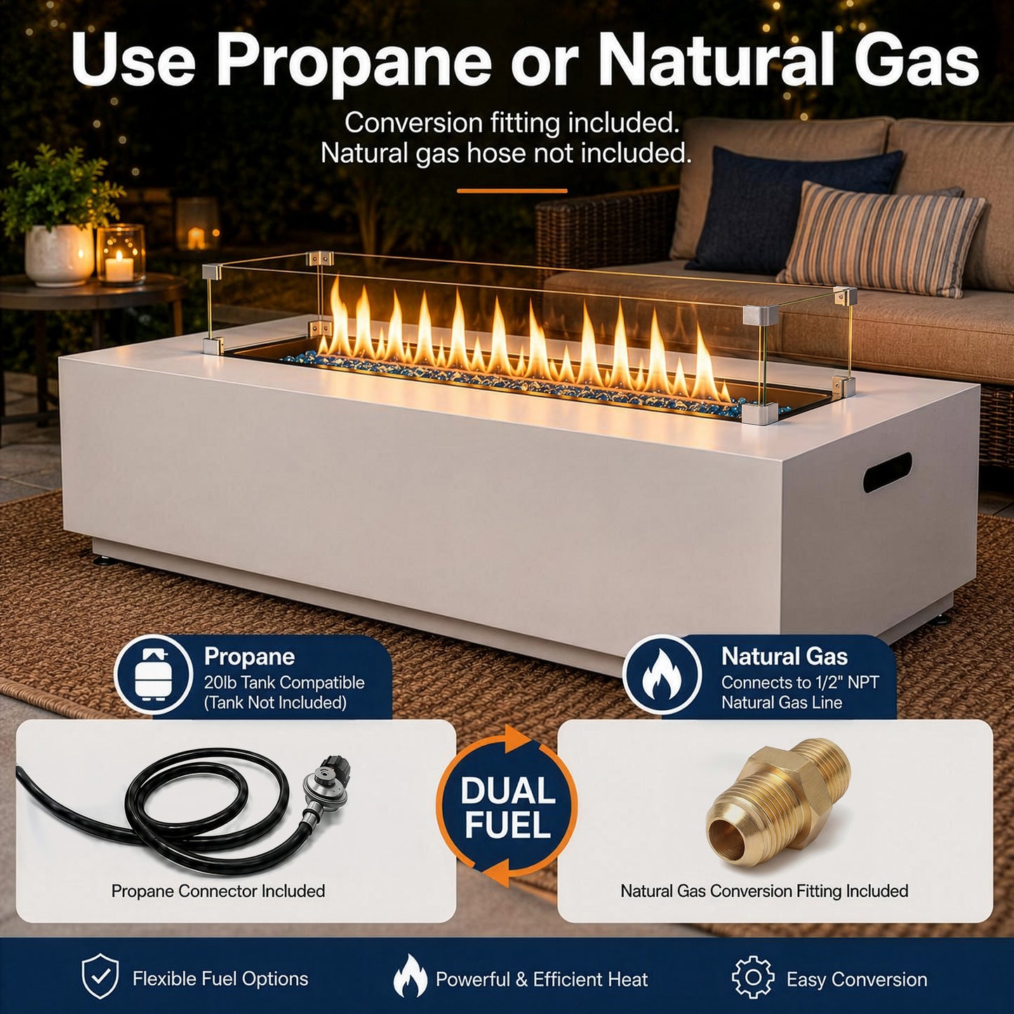 RADIATA 42" Rectangular Fire Pit Table with Tank Table, 50000BTU Patio Fire Pit Table with Rain Cover, Outdoor Natural Gas/Propane Firepit Table
