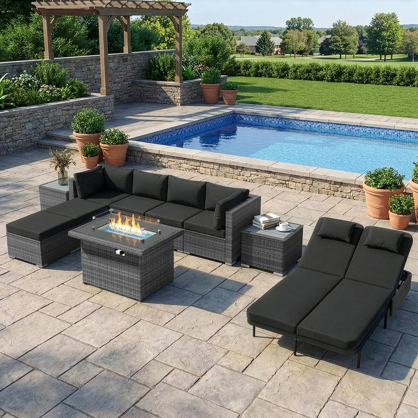 RADIATA 10-Piece Patio Furniture Set with Fire Pit Table, Outdoor Sectional with 43" 60000 BTU Firepit Table, Double Chaise Lounge, High Back Wicker Outdoor Sectional with Fire Pit Set,Dark Gray