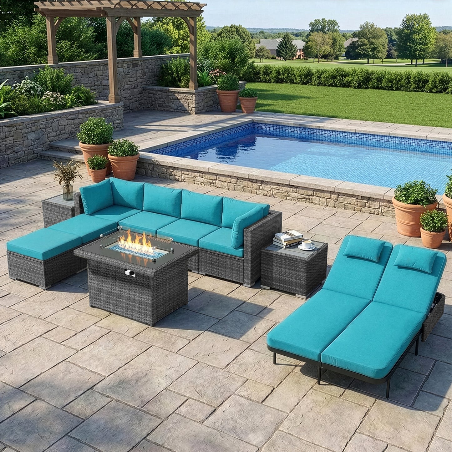 RADIATA 10-Piece Patio Furniture Set with Fire Pit Table, Outdoor Sectional with 43" 60000 BTU Firepit Table, Double Chaise Lounge, High Back Wicker Outdoor Sectional with Fire Pit Set,Dark Gray