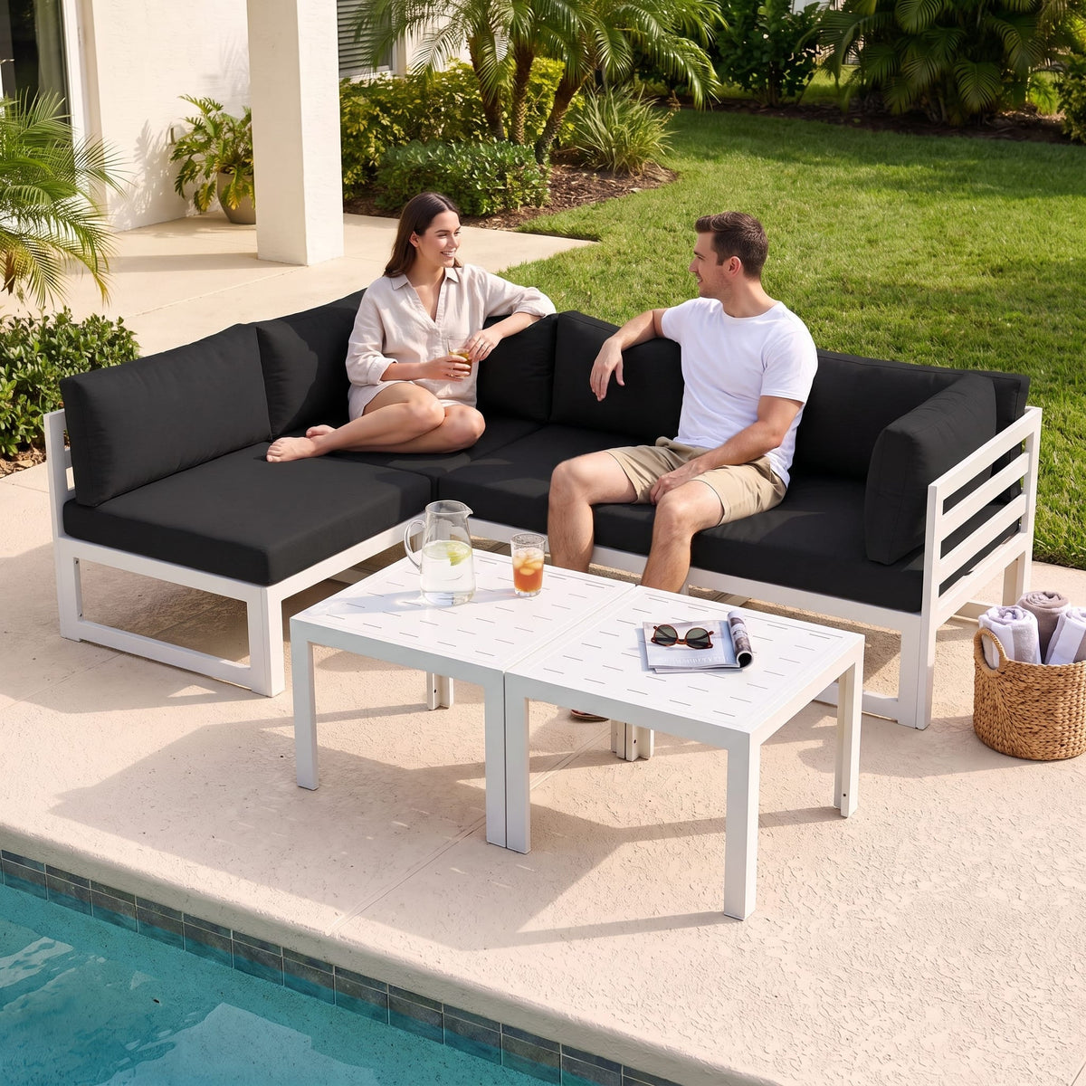 RADIATA 6pcs Outdoor Aluminum Furniture Set with 29" Seats, Oversized Modular Conversation Set Sectional Sofa, 500 lb Capacity,4" Cushions, 2 Corner&2 Armless Chairs&2 Tables