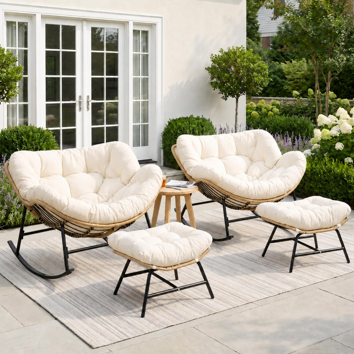 RADIATA Oversized Outdoor Papasan Rocking Chair with 5.1" Cushion, 450 lb Heavy-Duty Rattan Patio Rocker Chair, Water-Resistant Lounge Chair for Porch, Garden, Bedroom