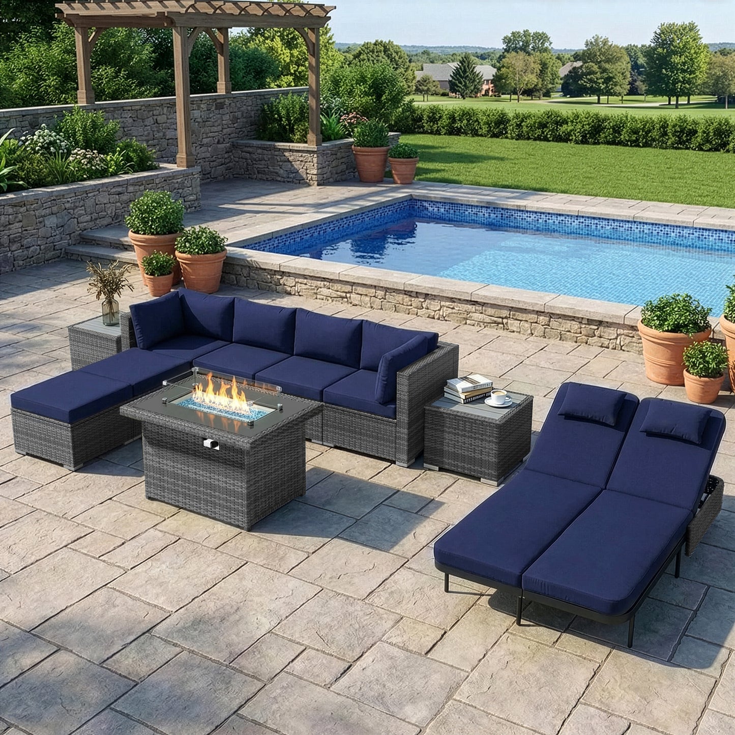 RADIATA 10-Piece Patio Furniture Set with Fire Pit Table, Outdoor Sectional with 43" 60000 BTU Firepit Table, Double Chaise Lounge, High Back Wicker Outdoor Sectional with Fire Pit Set,Dark Gray