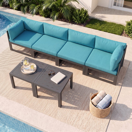 RADIATA 6pcs Outdoor Aluminum Furniture Set with 29" Seats, Oversized Modular Conversation Set Sectional Sofa, 500 lb Capacity,4" Cushions, 2 Corner&2 Armless Chairs&2 Tables
