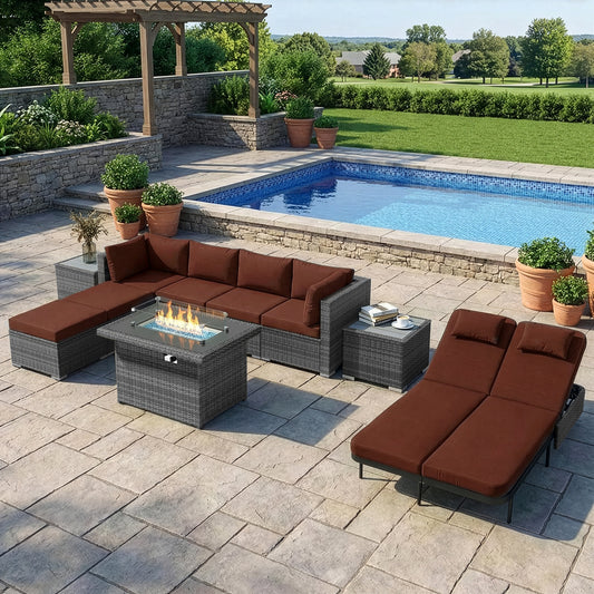 RADIATA 10-Piece Patio Furniture Set with Fire Pit Table, Outdoor Sectional with 43" 60000 BTU Firepit Table, Double Chaise Lounge, High Back Wicker Outdoor Sectional with Fire Pit Set,Dark Gray