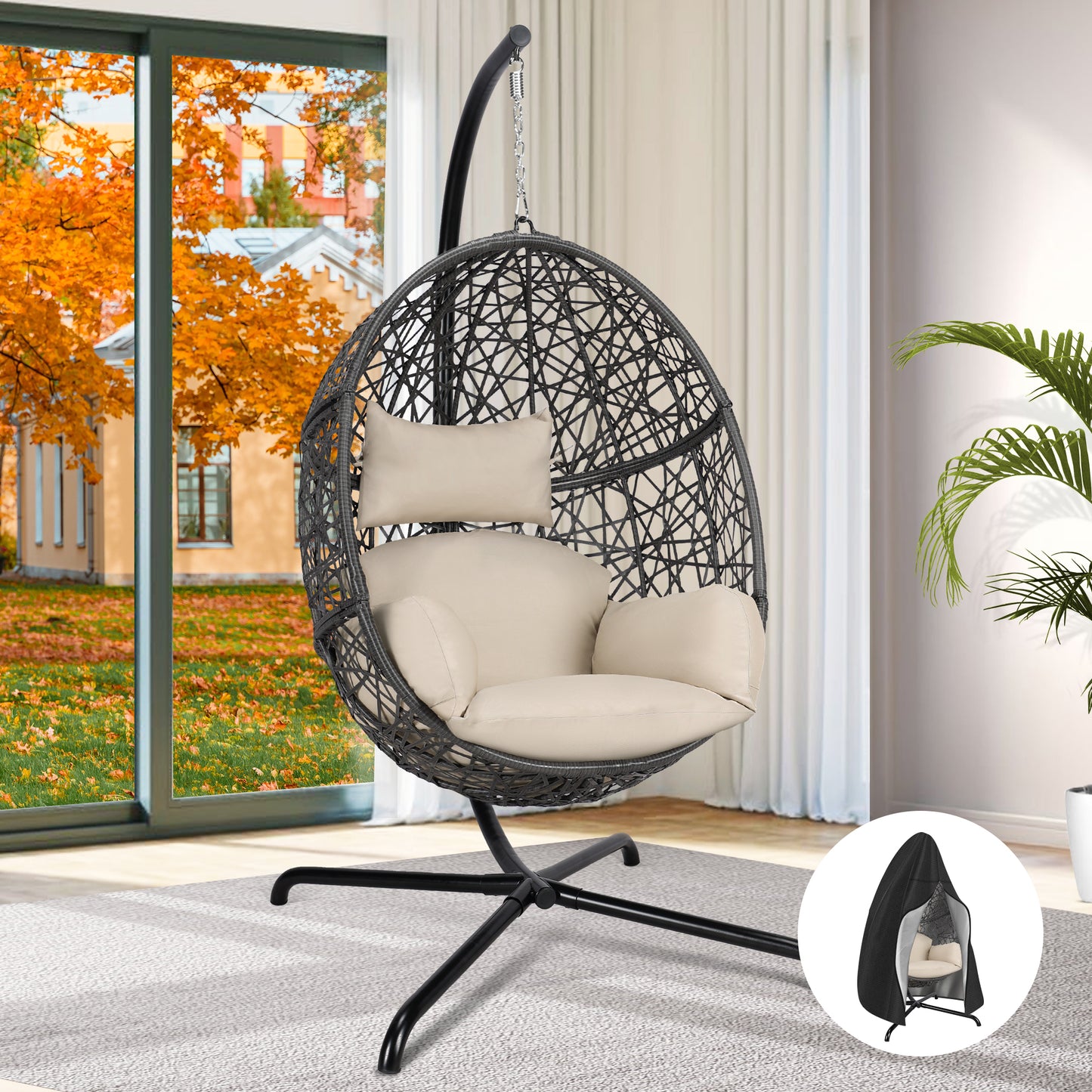 RADIATA Swing Egg Chair Bird Nest Cage Chair with Stand Thicken Gray UV-Resistant Cushion Indoor Outdoor Premium Rattan Wovend Sturdy Metal Frame 275lbs Capacity for Bedroom Living Room