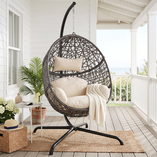 RADIATA Swing Egg Chair Bird Nest Cage Chair with Stand Thicken Gray UV-Resistant Cushion Indoor Outdoor Premium Rattan Wovend Sturdy Metal Frame 275lbs Capacity for Bedroom Living Room