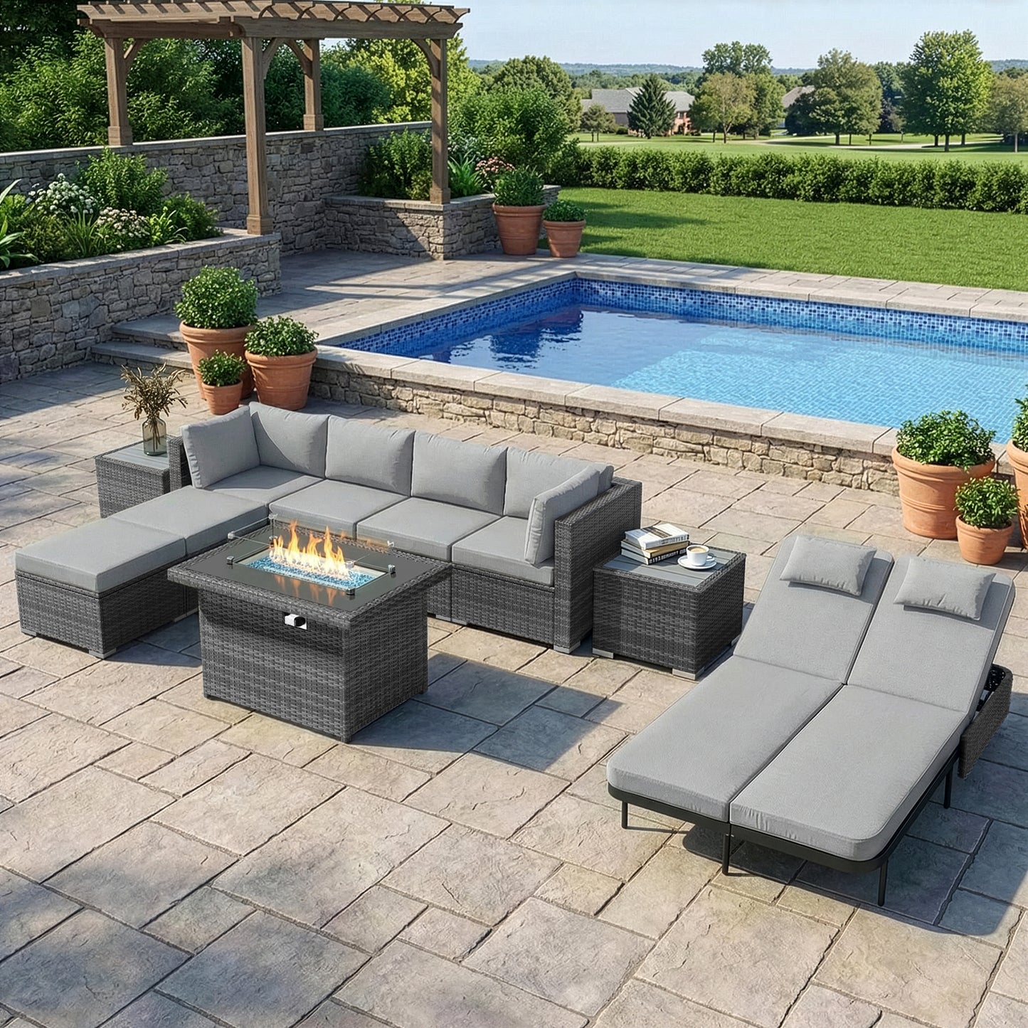 RADIATA 10-Piece Patio Furniture Set with Fire Pit Table, Outdoor Sectional with 43" 60000 BTU Firepit Table, Double Chaise Lounge, High Back Wicker Outdoor Sectional with Fire Pit Set,Dark Gray