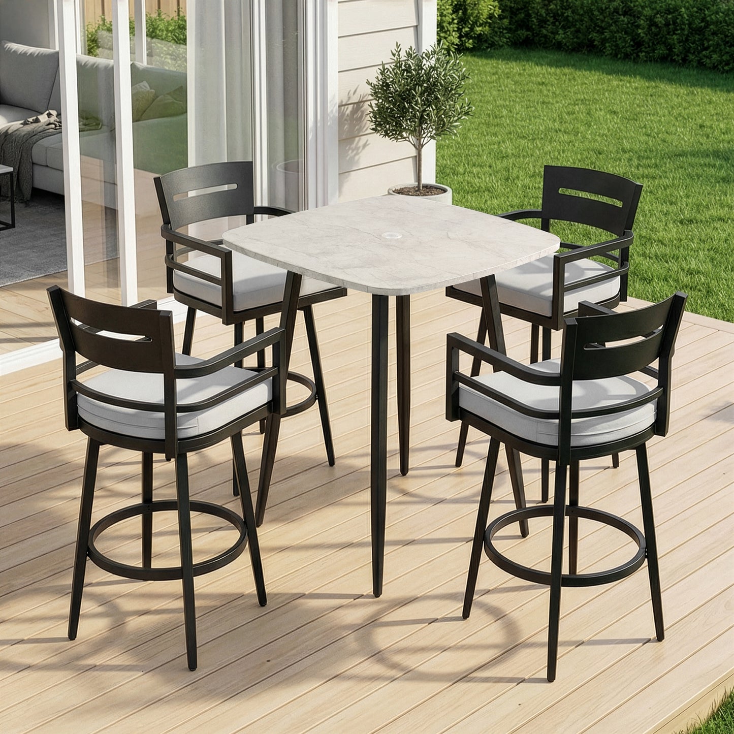 RADIATA Aluminum Bar Height Patio Table, Scratch-Resistant Marble-Look Tabletop with Umbrella Hole, High Top Outdoor Table (200 lb Capacity)