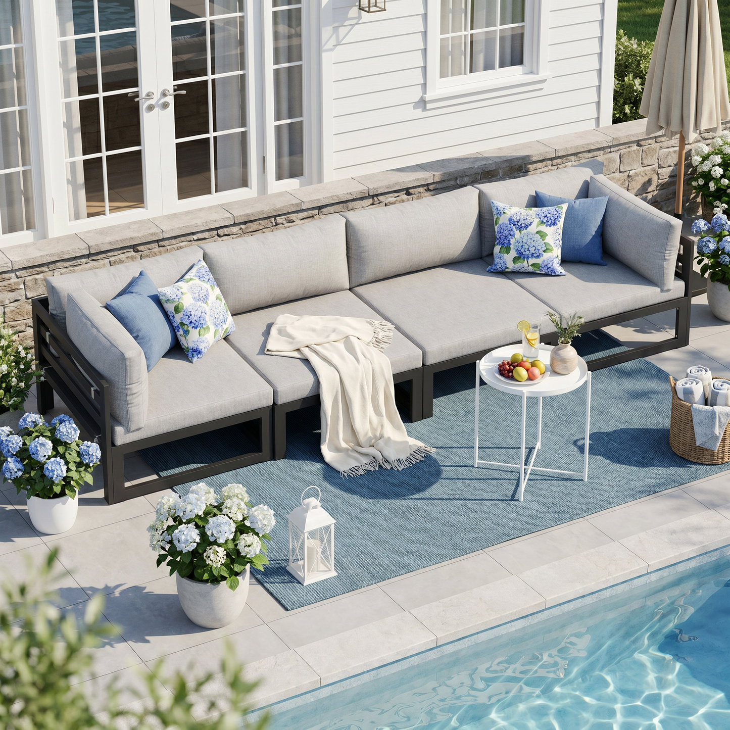 RADIATA 4pcs Outdoor Oversized Aluminum Furniture Set with 29" Seats, Modular Conversation Set Sectional Sofa set with 500 lb Capacity,4" Cushions, 2 Corner & 2 Armless Chairs, Gray&Dark Gray
